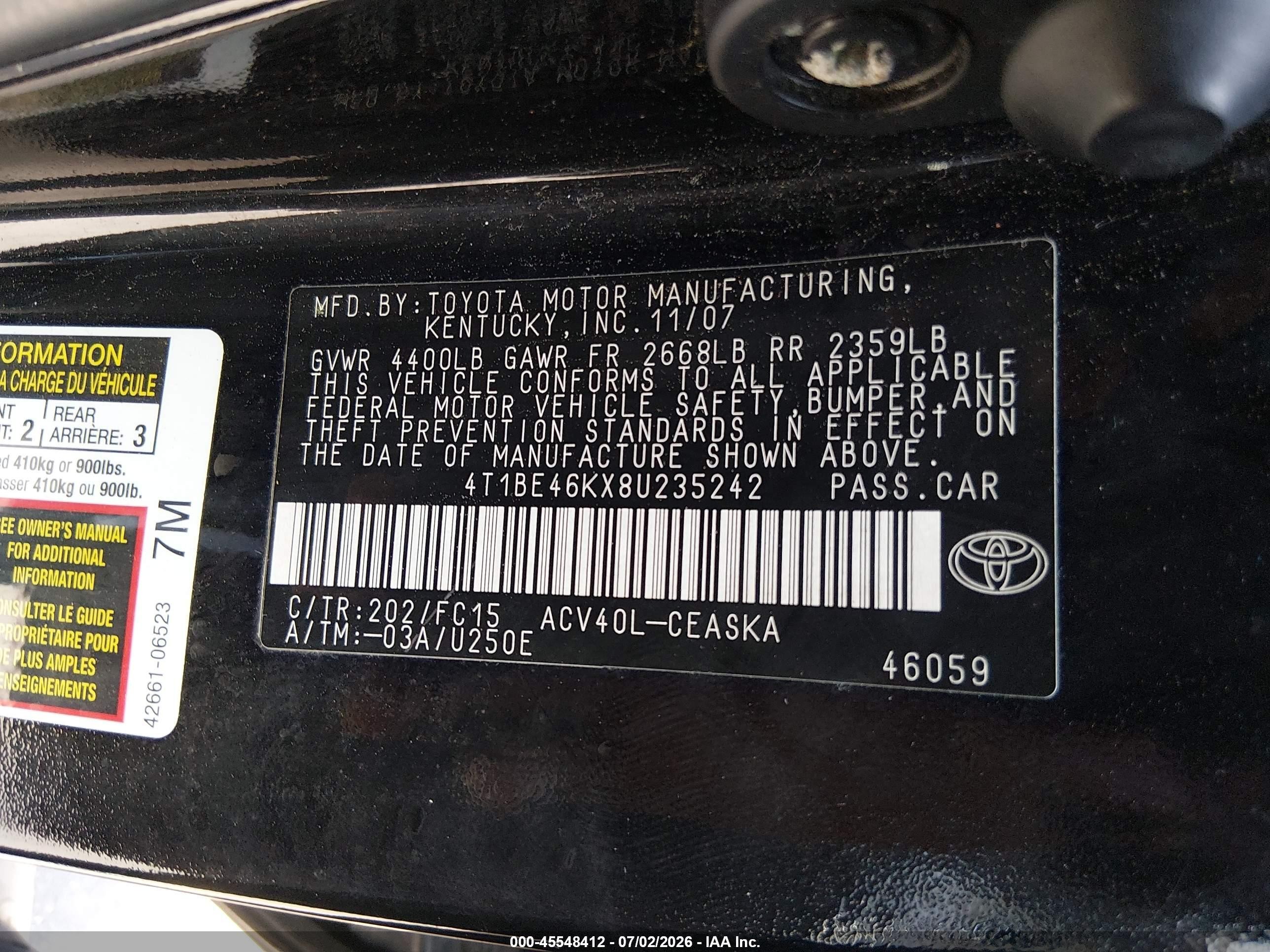 2008 Toyota Camry Se Black vin: 4T1BE46KX8U235242