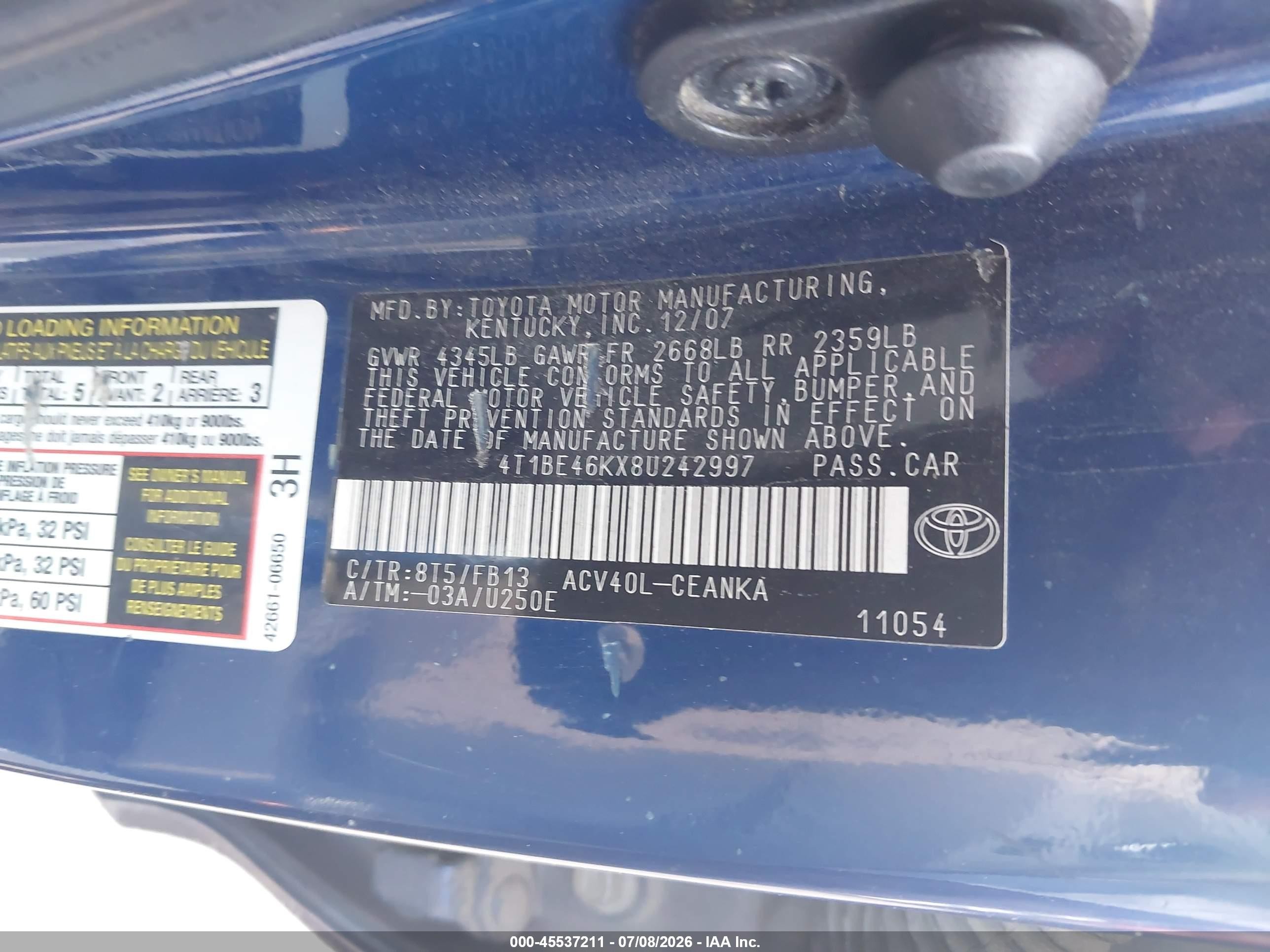 2008 Toyota Camry   Blue vin: 4T1BE46KX8U242997