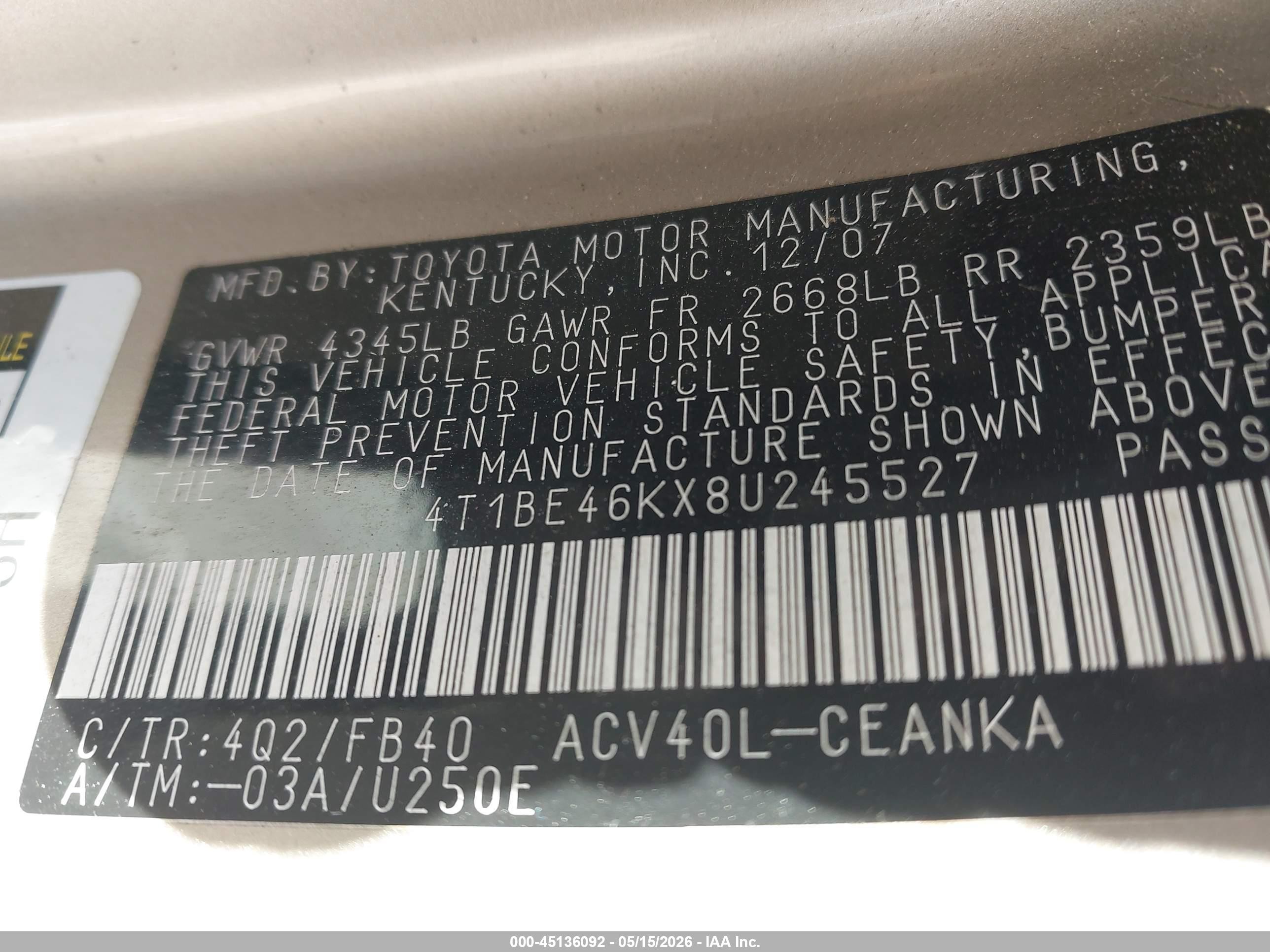 2008 Toyota Camry Le Бежевый vin: 4T1BE46KX8U245527