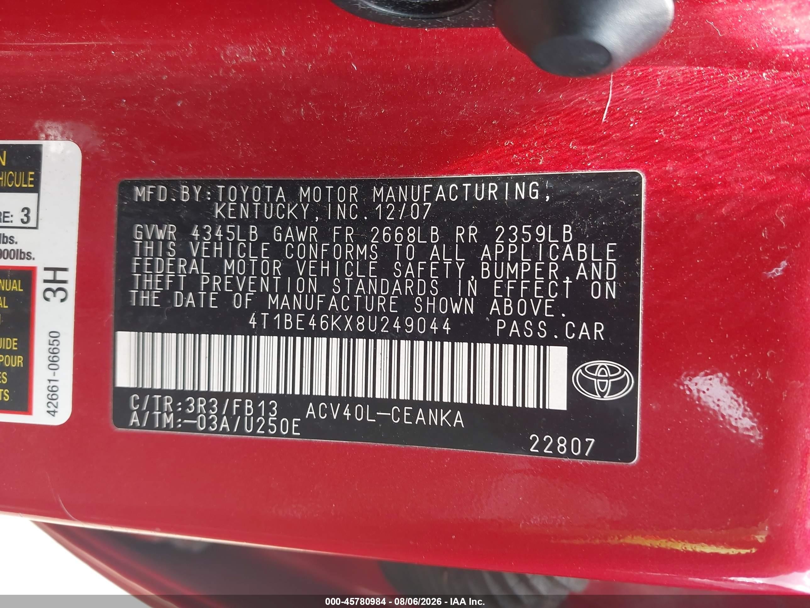 2008 Toyota Camry Le Red vin: 4T1BE46KX8U249044
