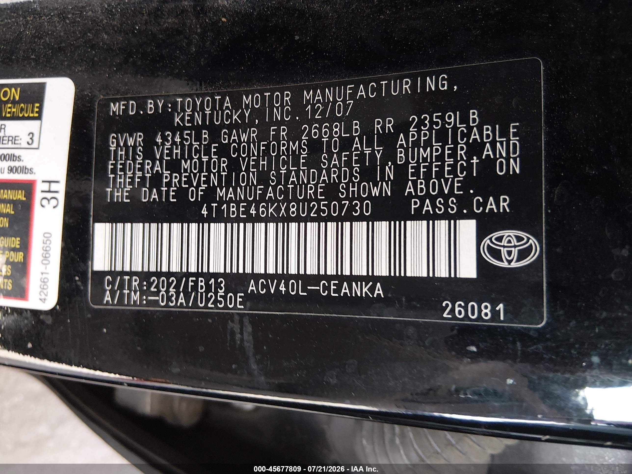 2008 Toyota Camry Le Black vin: 4T1BE46KX8U250730