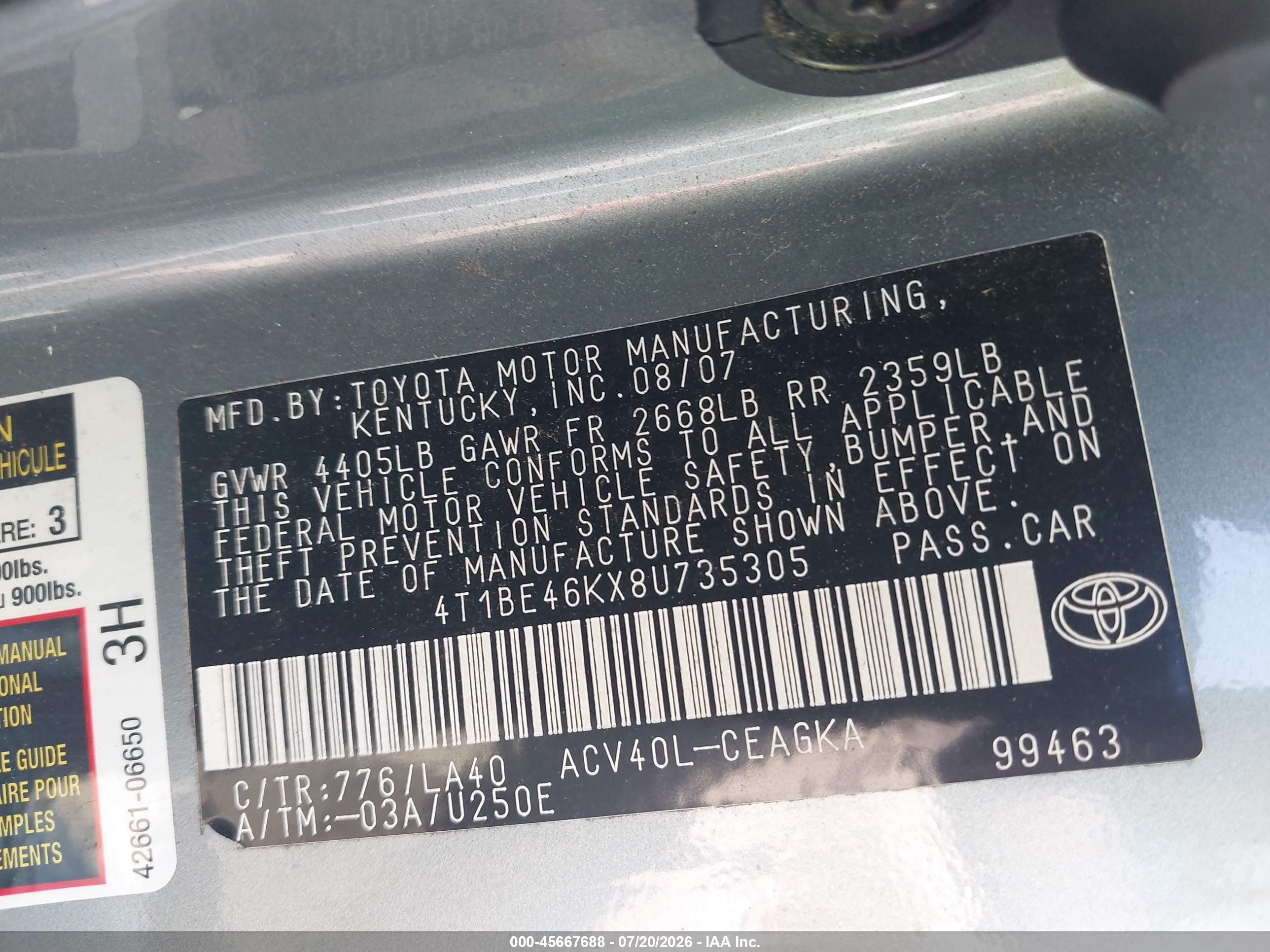 2008 Toyota Camry Xle Teal vin: 4T1BE46KX8U735305