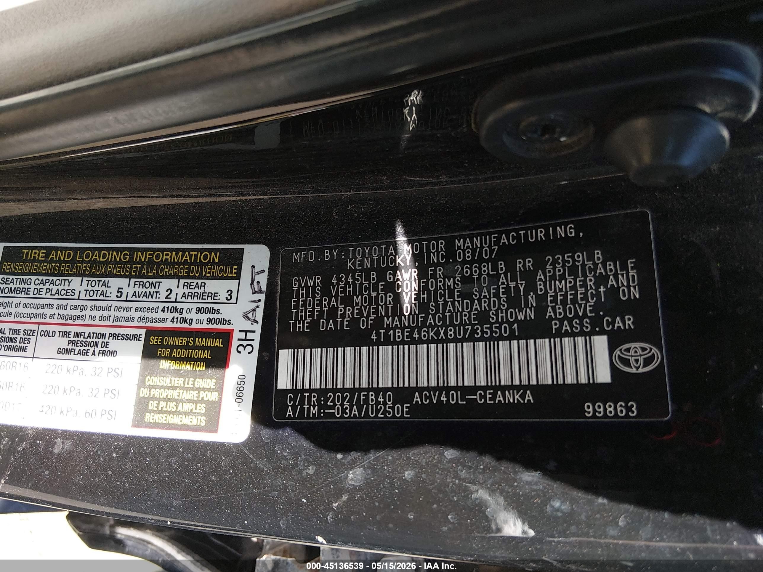 2008 Toyota Camry   Black vin: 4T1BE46KX8U735501