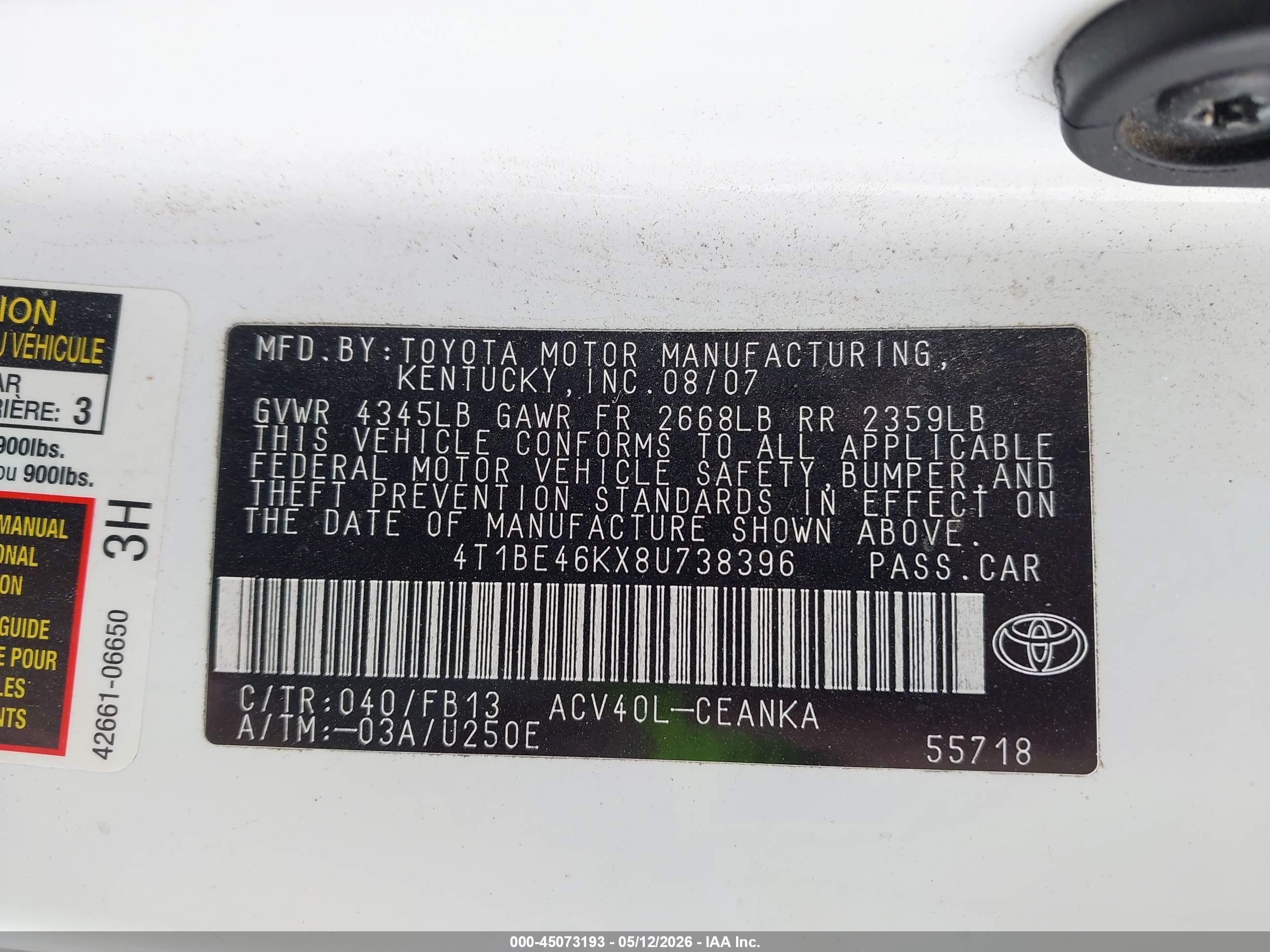 2008 Toyota Camry Le/se/xle White vin: 4T1BE46KX8U738396
