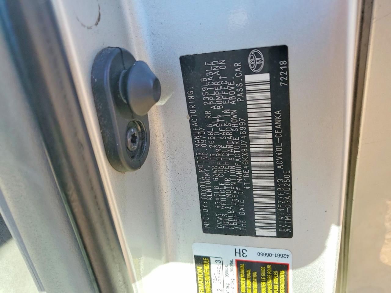 2008 Toyota Camry Silver vin: 4T1BE46KX8U746997
