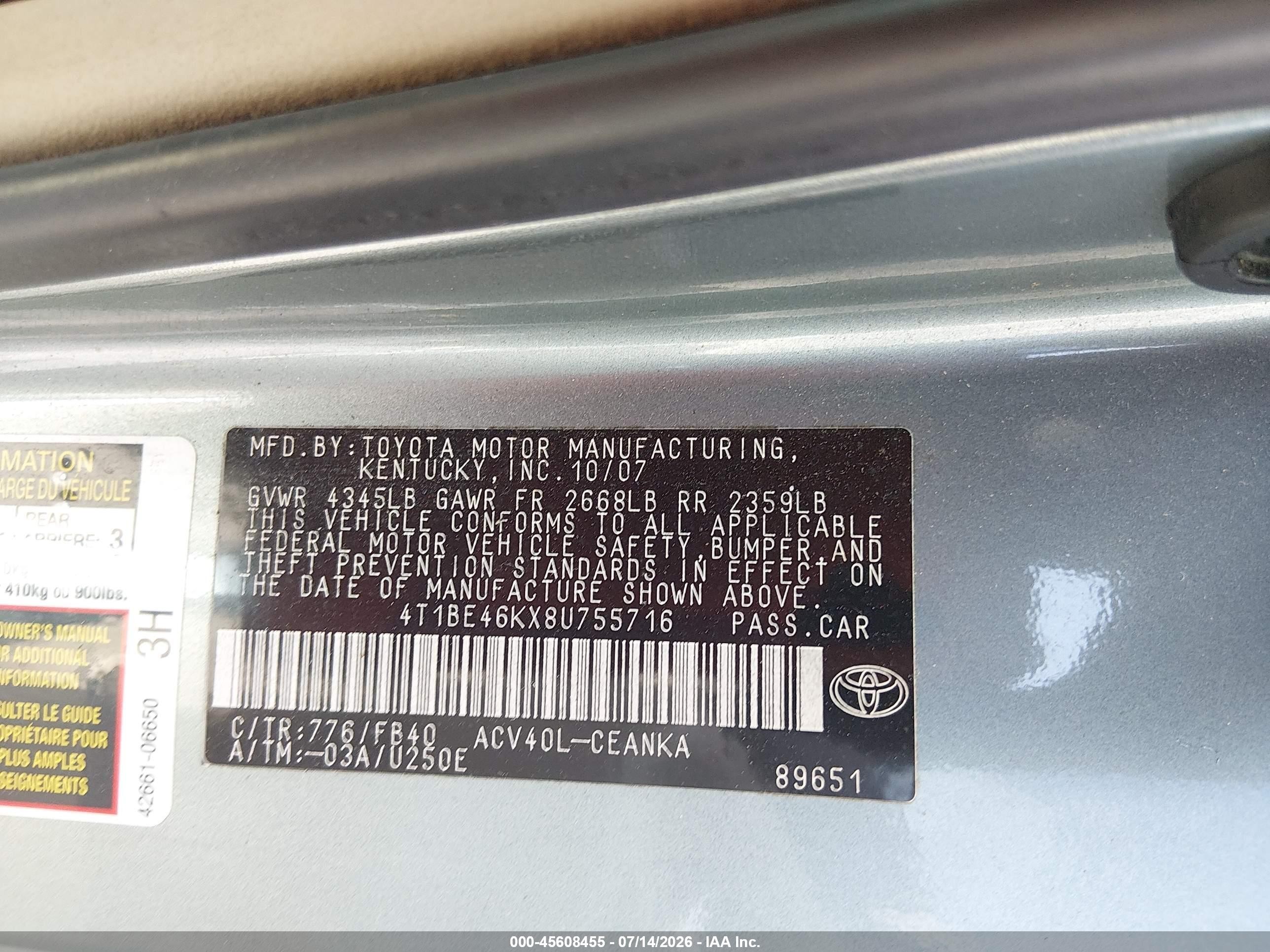 2008 Toyota Camry Le Gray vin: 4T1BE46KX8U755716