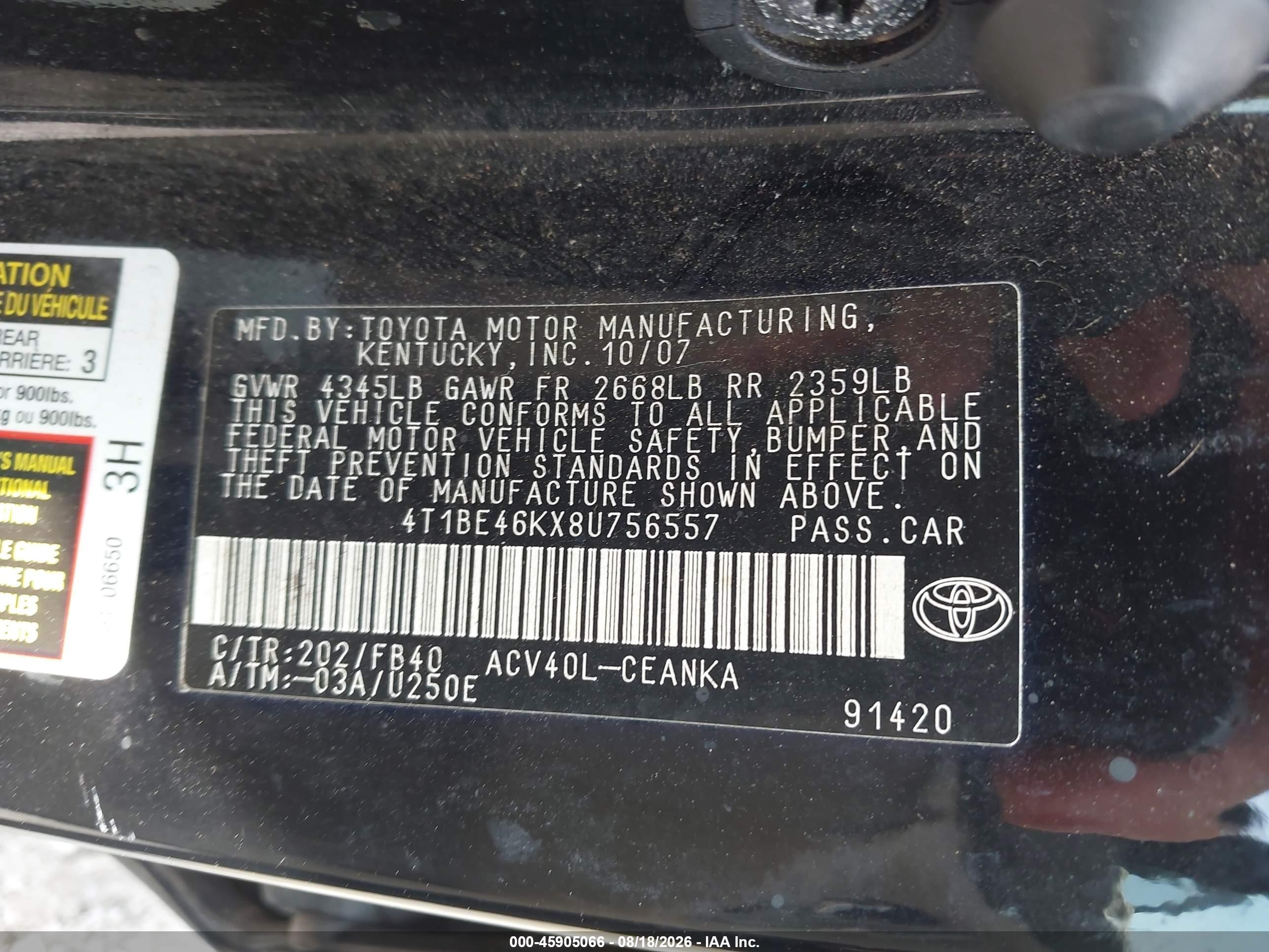 2008 Toyota Camry   Черный vin: 4T1BE46KX8U756557