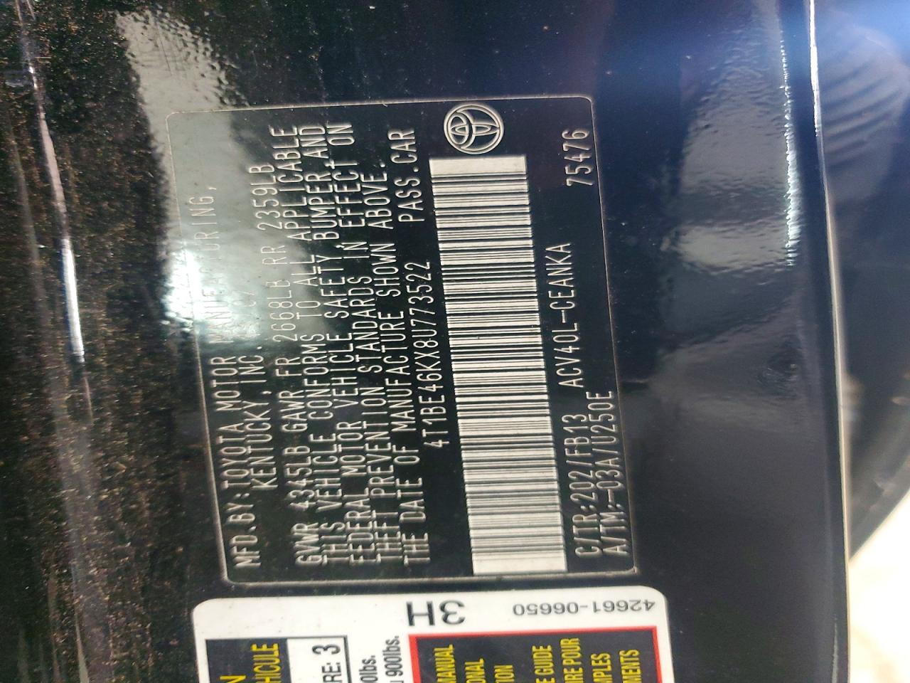 2008 Toyota Camry Le Черный vin: 4T1BE46KX8U773522