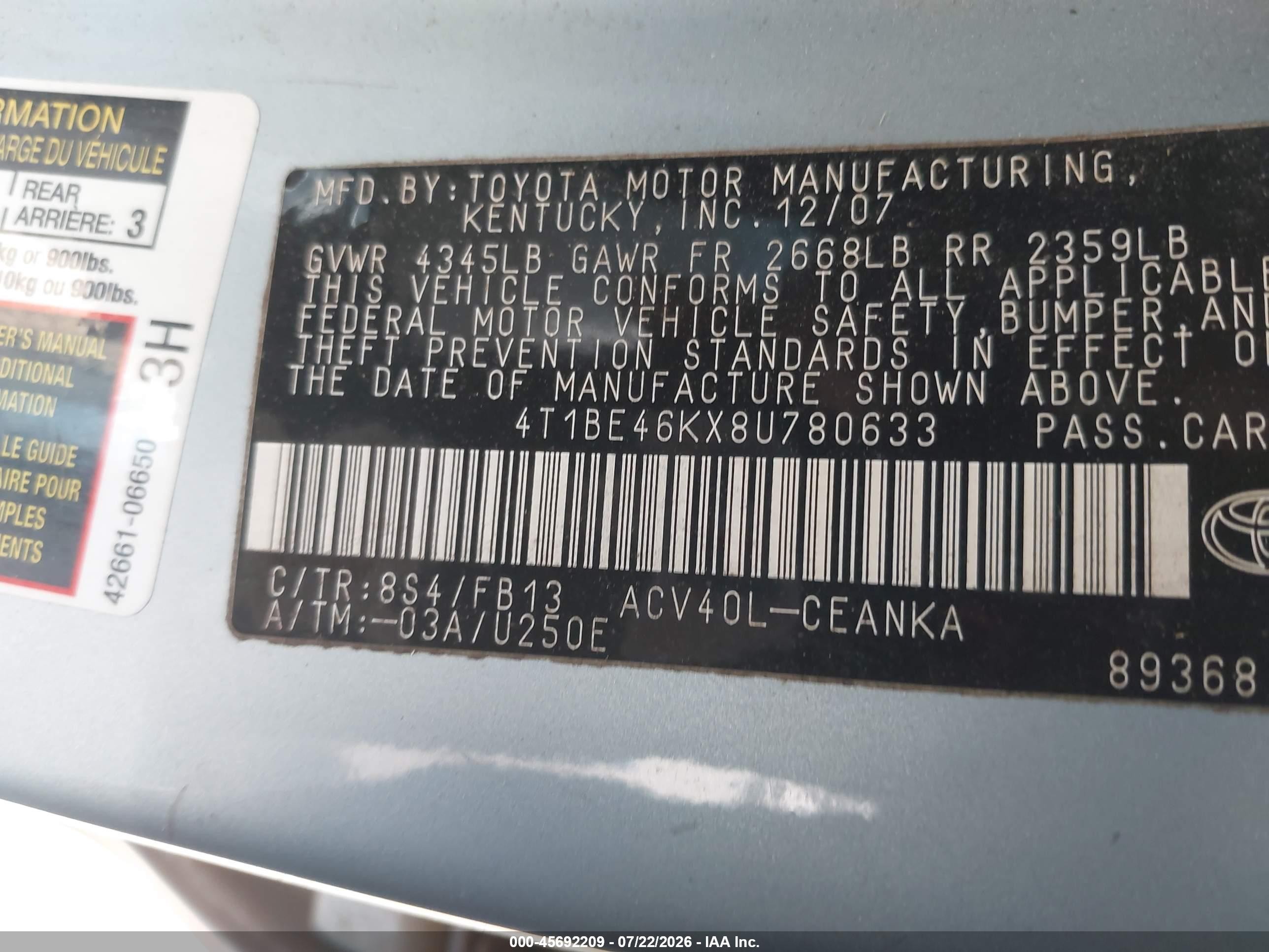 2008 Toyota Camry Le Blue vin: 4T1BE46KX8U780633
