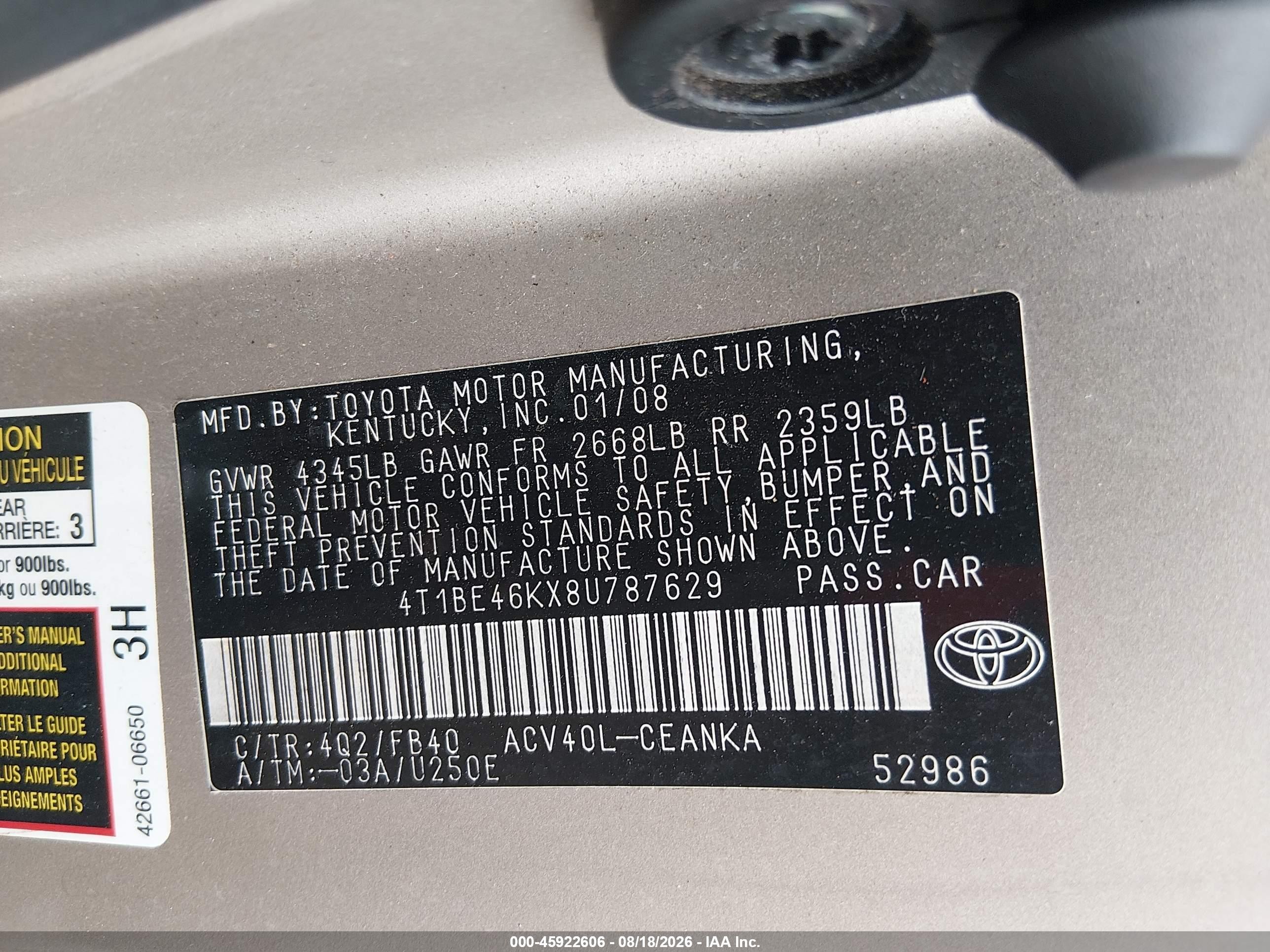 2008 Toyota Camry Le Tan vin: 4T1BE46KX8U787629