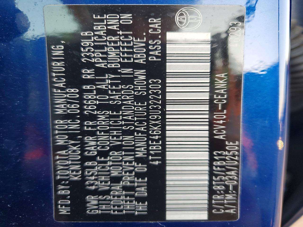 2009 Toyota Camry Le Blue vin: 4T1BE46KX9U322303