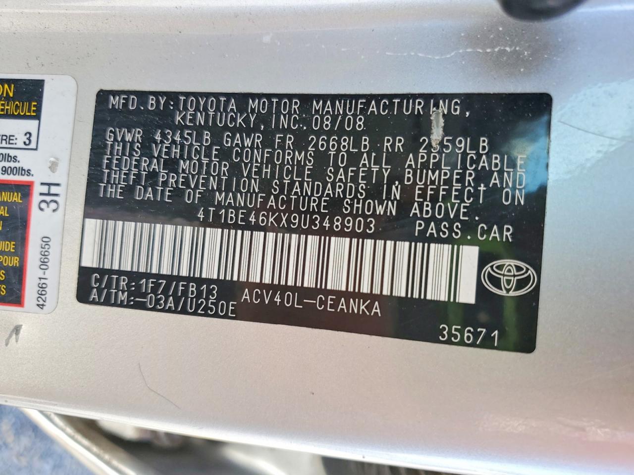2009 Toyota Camry Base Silver vin: 4T1BE46KX9U348903