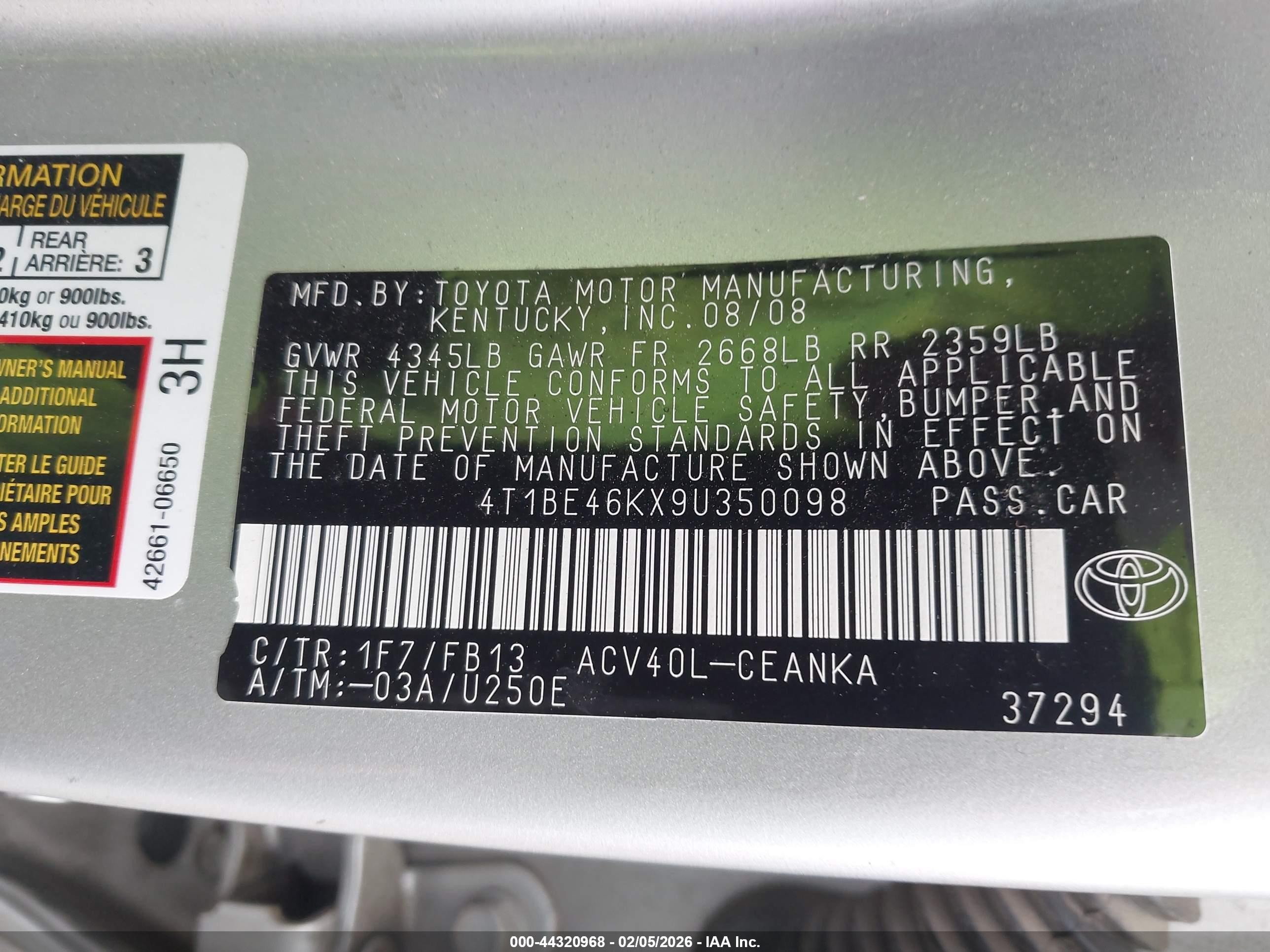 2009 Toyota Camry Le Silver vin: 4T1BE46KX9U350098