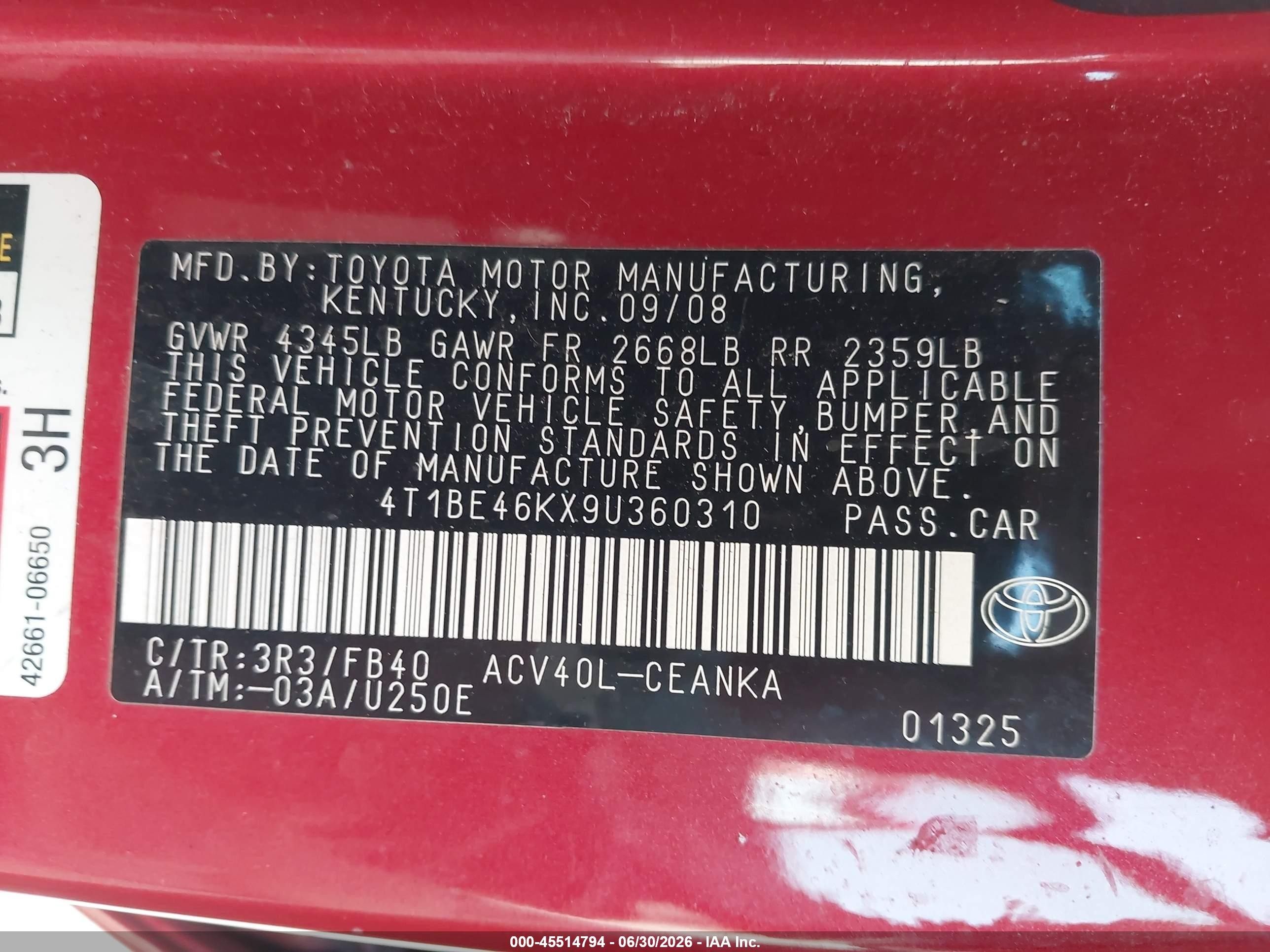 2009 Toyota Camry Le Red vin: 4T1BE46KX9U360310