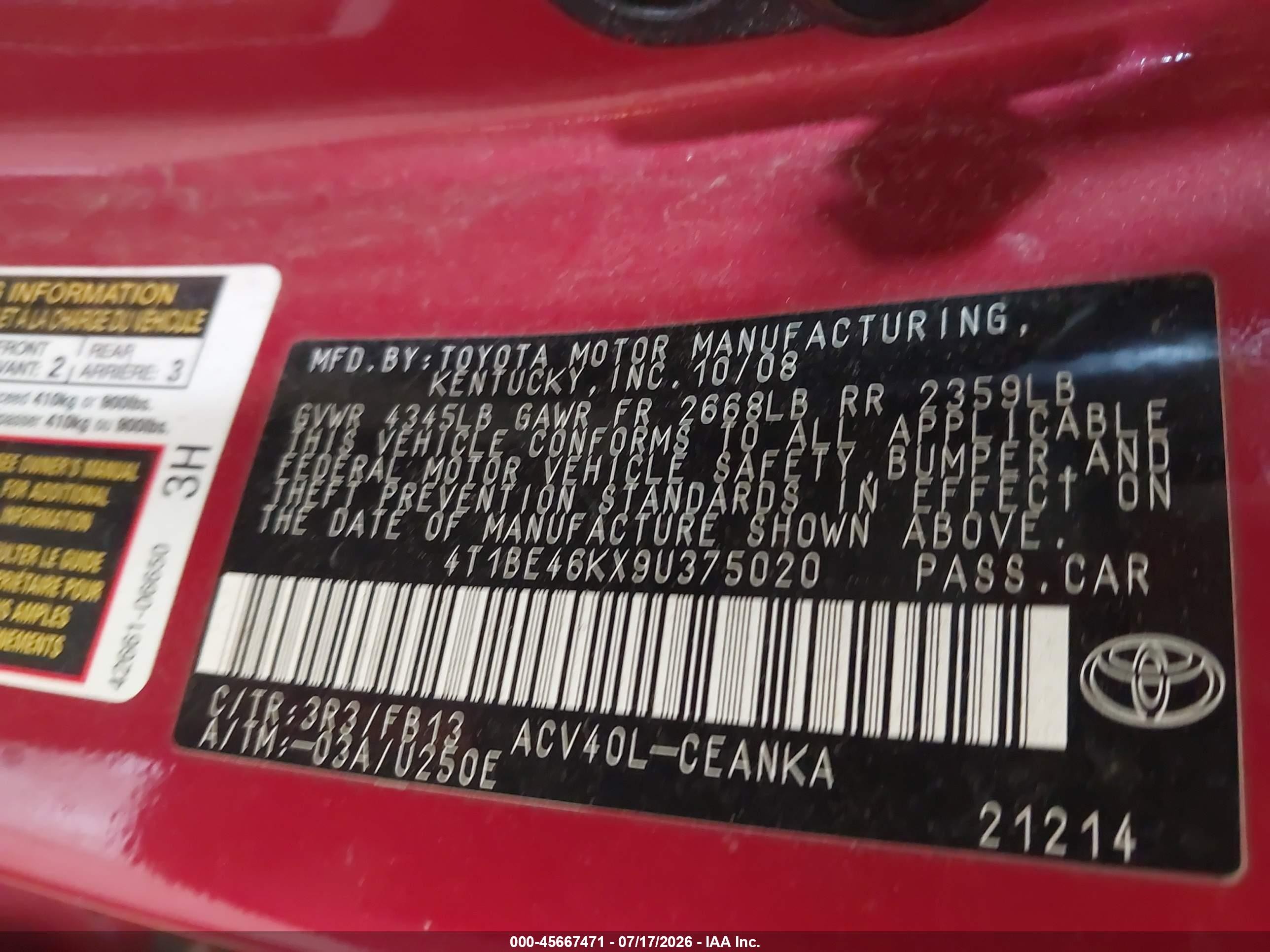 2009 Toyota Camry Le Red vin: 4T1BE46KX9U375020
