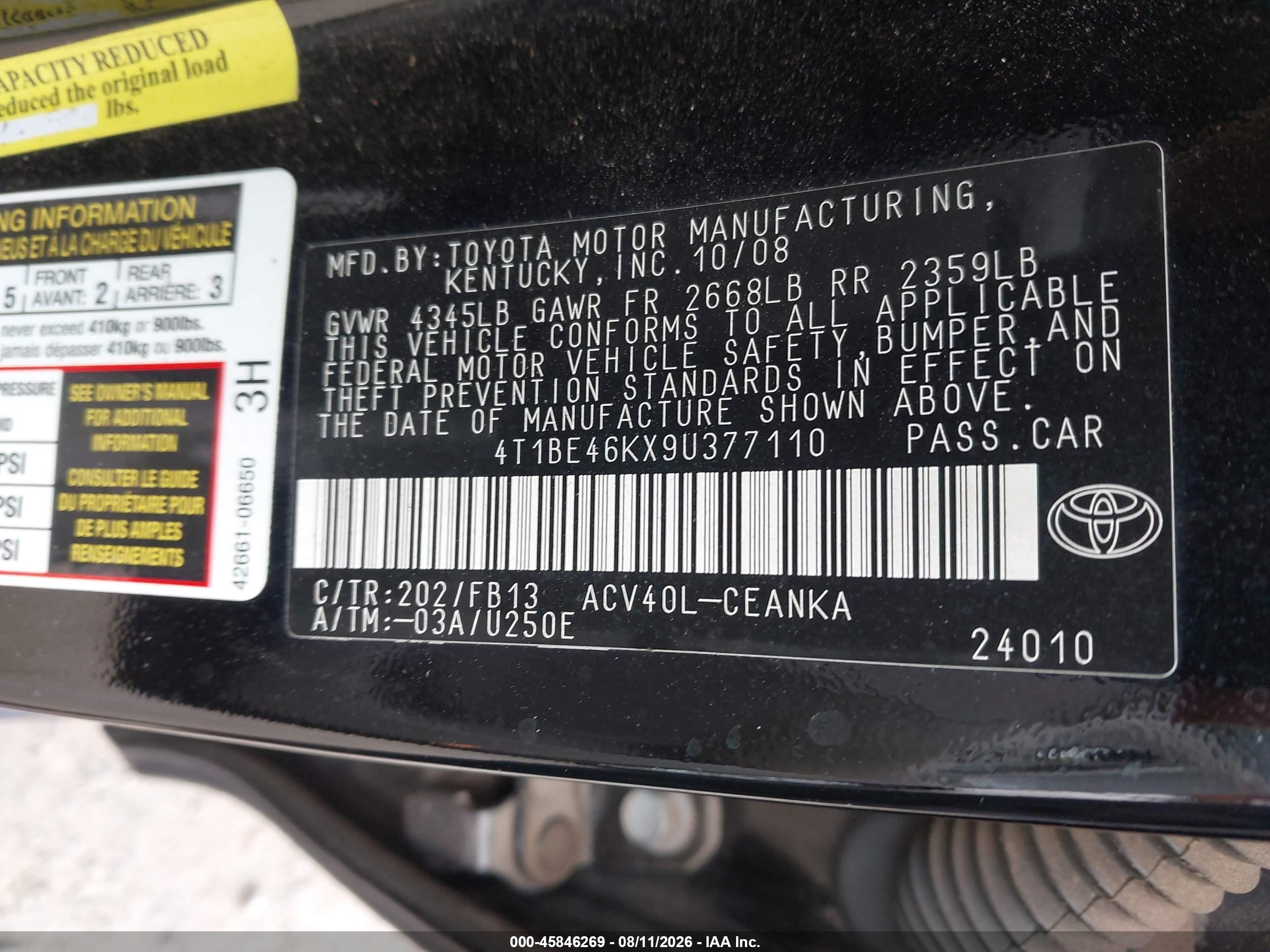 2009 Toyota Camry Le Black vin: 4T1BE46KX9U377110
