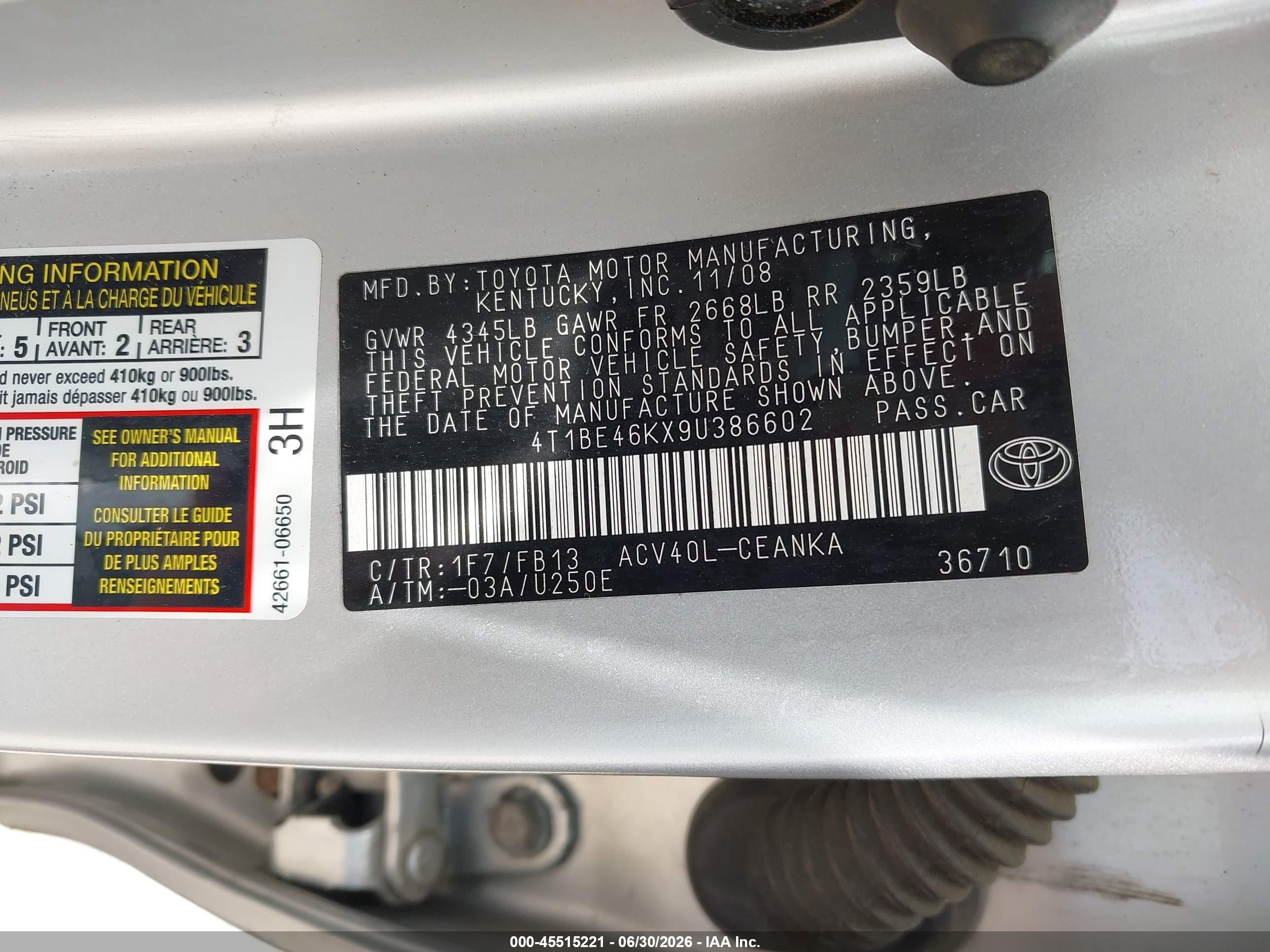 2009 Toyota Camry Le Silver vin: 4T1BE46KX9U386602