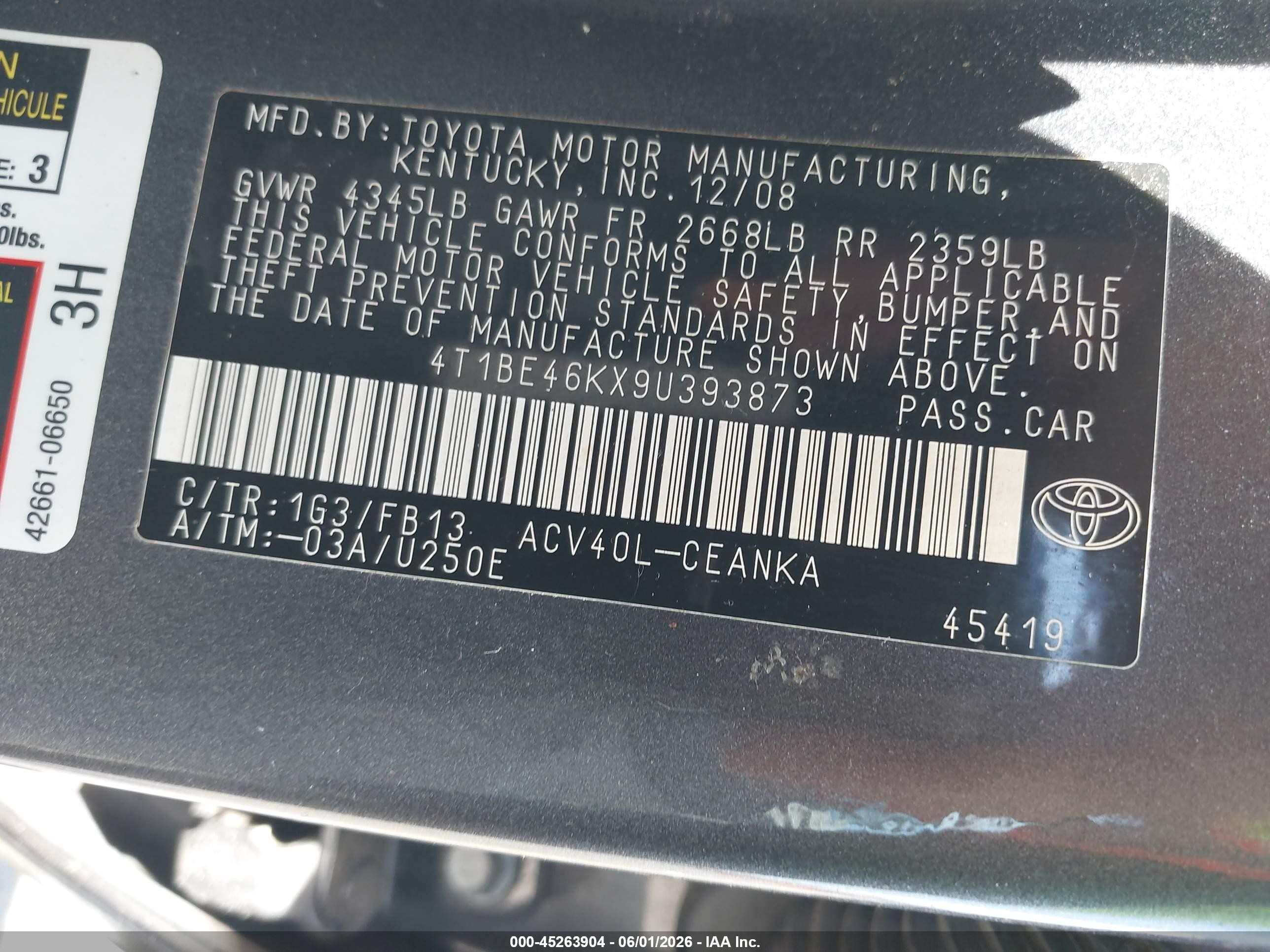 2009 Toyota Camry Le Gray vin: 4T1BE46KX9U393873