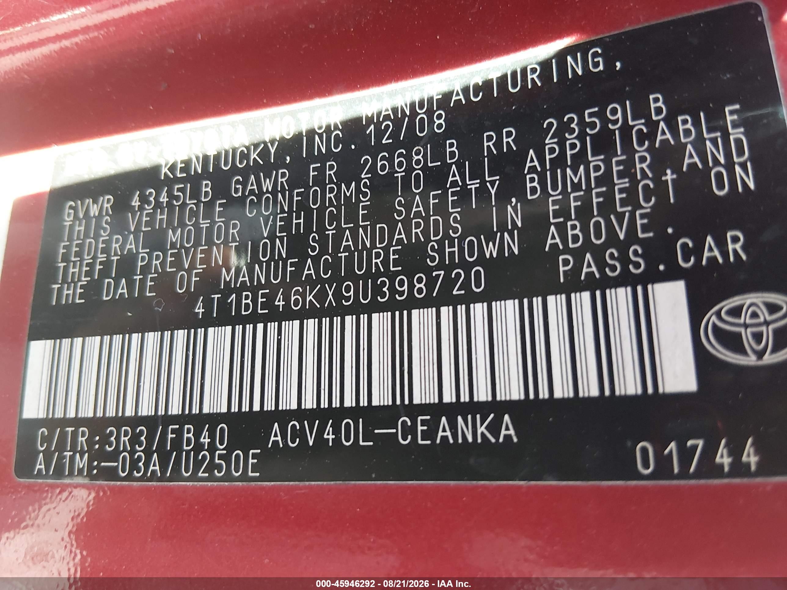 2009 Toyota Camry Le Красный vin: 4T1BE46KX9U398720