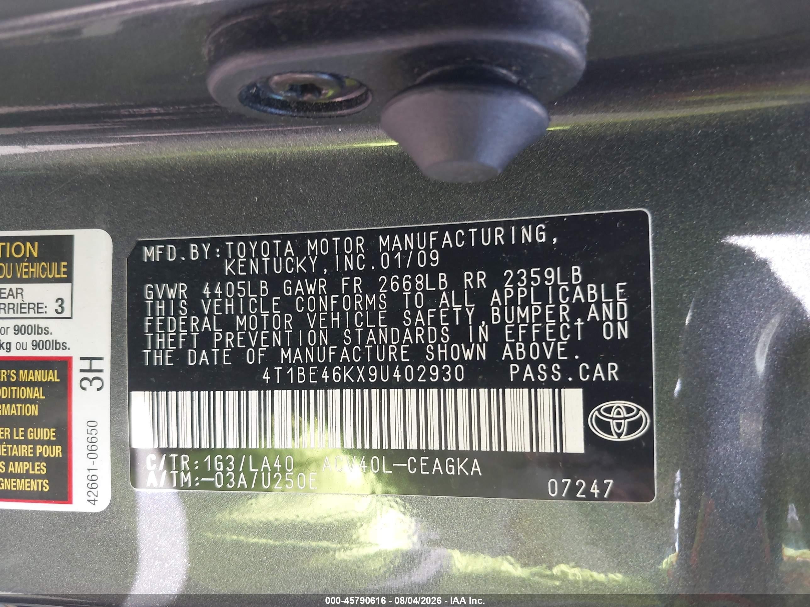 2009 Toyota Camry Xle Gray vin: 4T1BE46KX9U402930