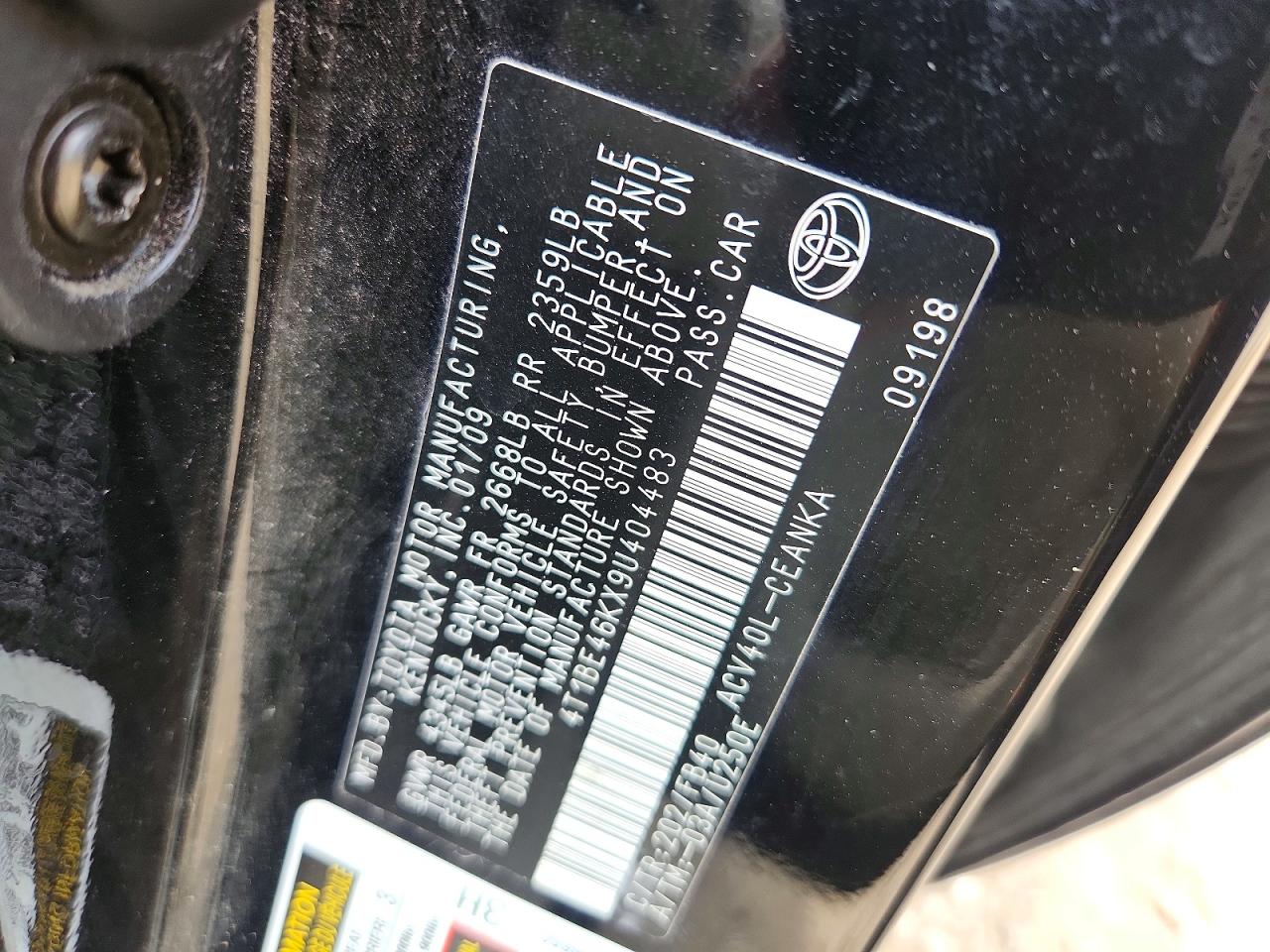 2009 Toyota Camry Le Черный vin: 4T1BE46KX9U404483