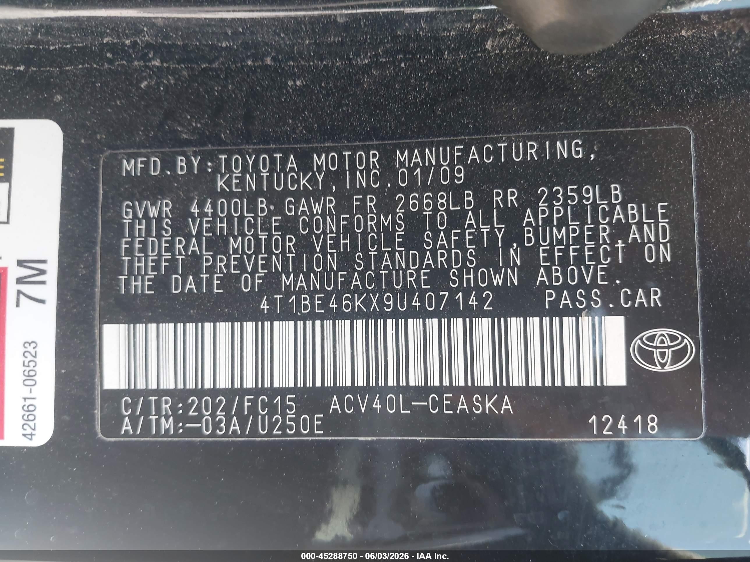 2009 Toyota Camry Se Black vin: 4T1BE46KX9U407142
