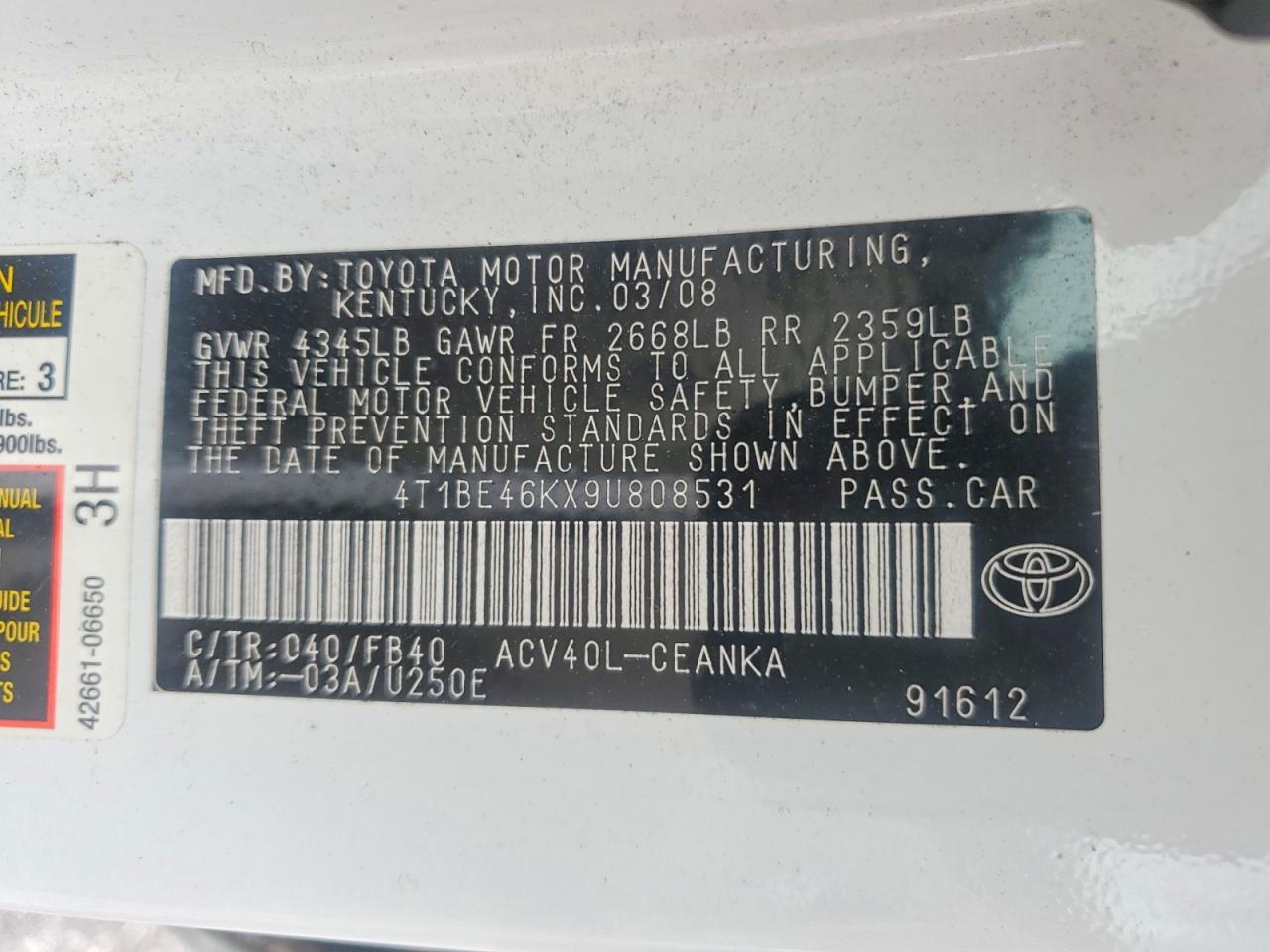 2009 Toyota Camry Base White vin: 4T1BE46KX9U808531