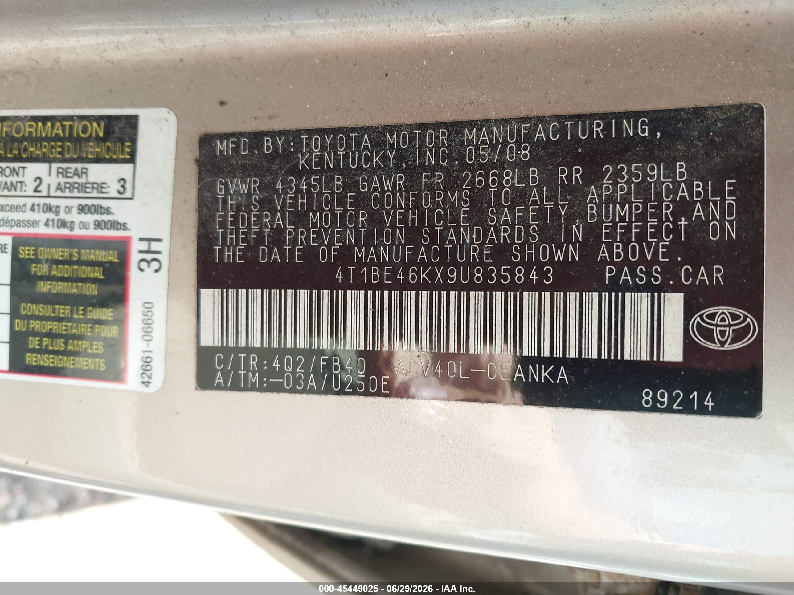 2009 Toyota Camry Le Gold vin: 4T1BE46KX9U835843