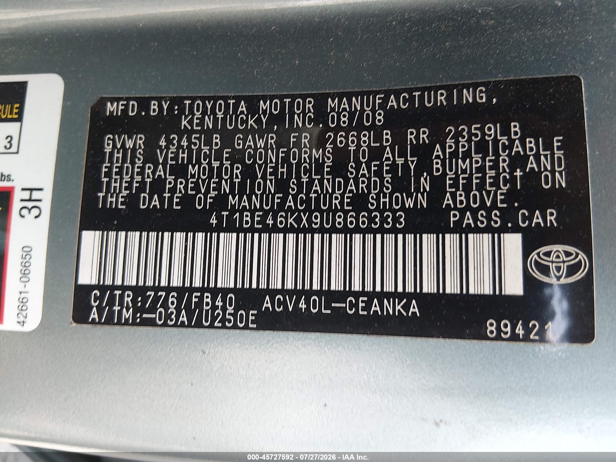 2009 Toyota Camry Le Turquoise vin: 4T1BE46KX9U866333