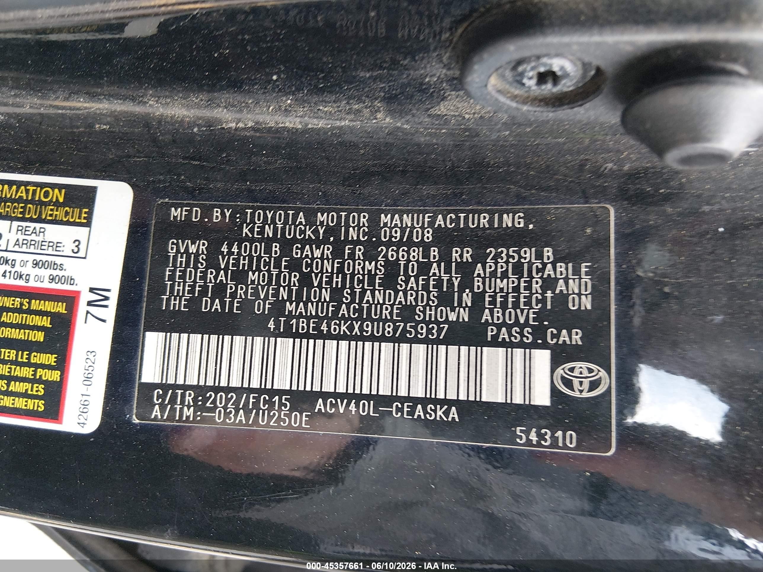 2009 Toyota Camry Se Black vin: 4T1BE46KX9U875937