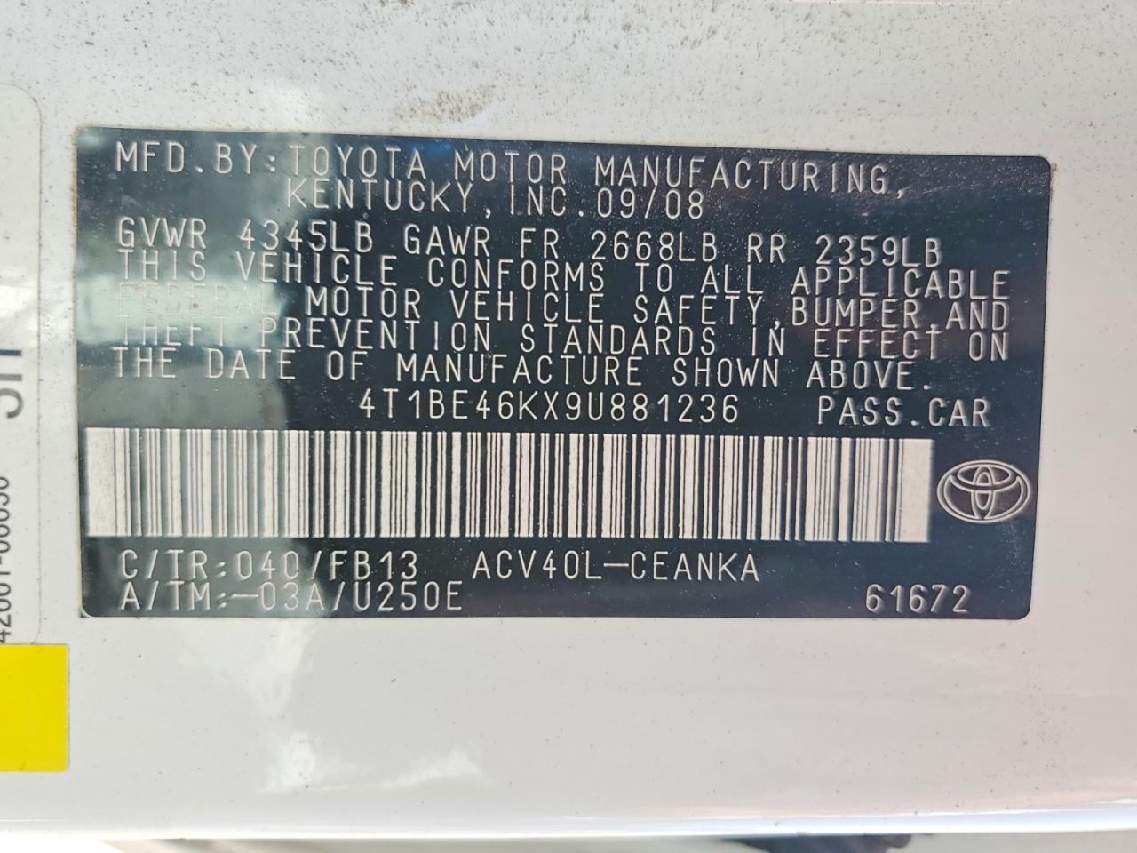 2009 Toyota Camry Le White vin: 4T1BE46KX9U881236