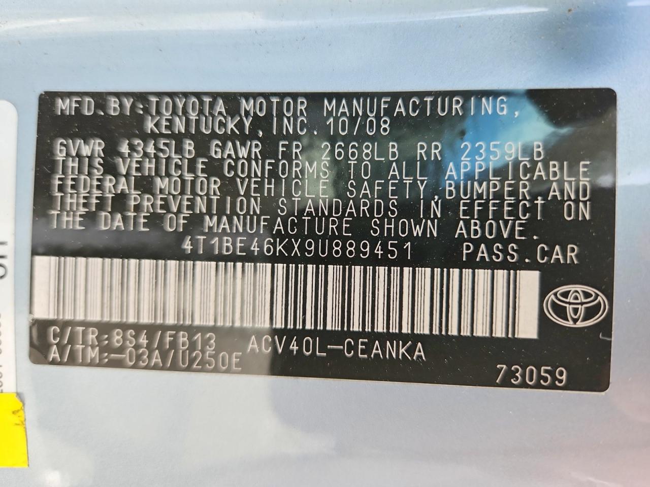 2009 Toyota Camry Le Blue vin: 4T1BE46KX9U889451