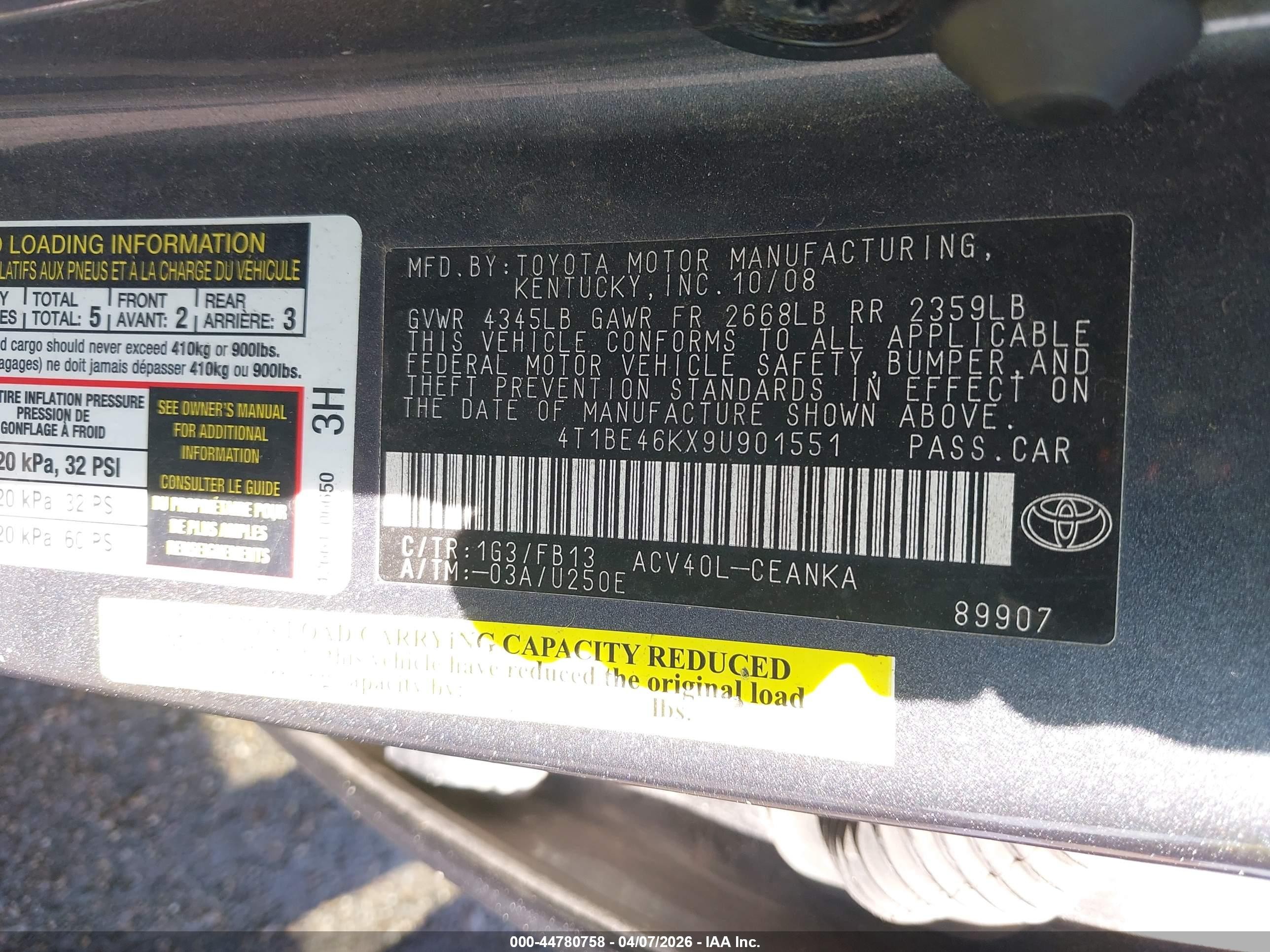 2009 Toyota Camry Le Gray vin: 4T1BE46KX9U901551