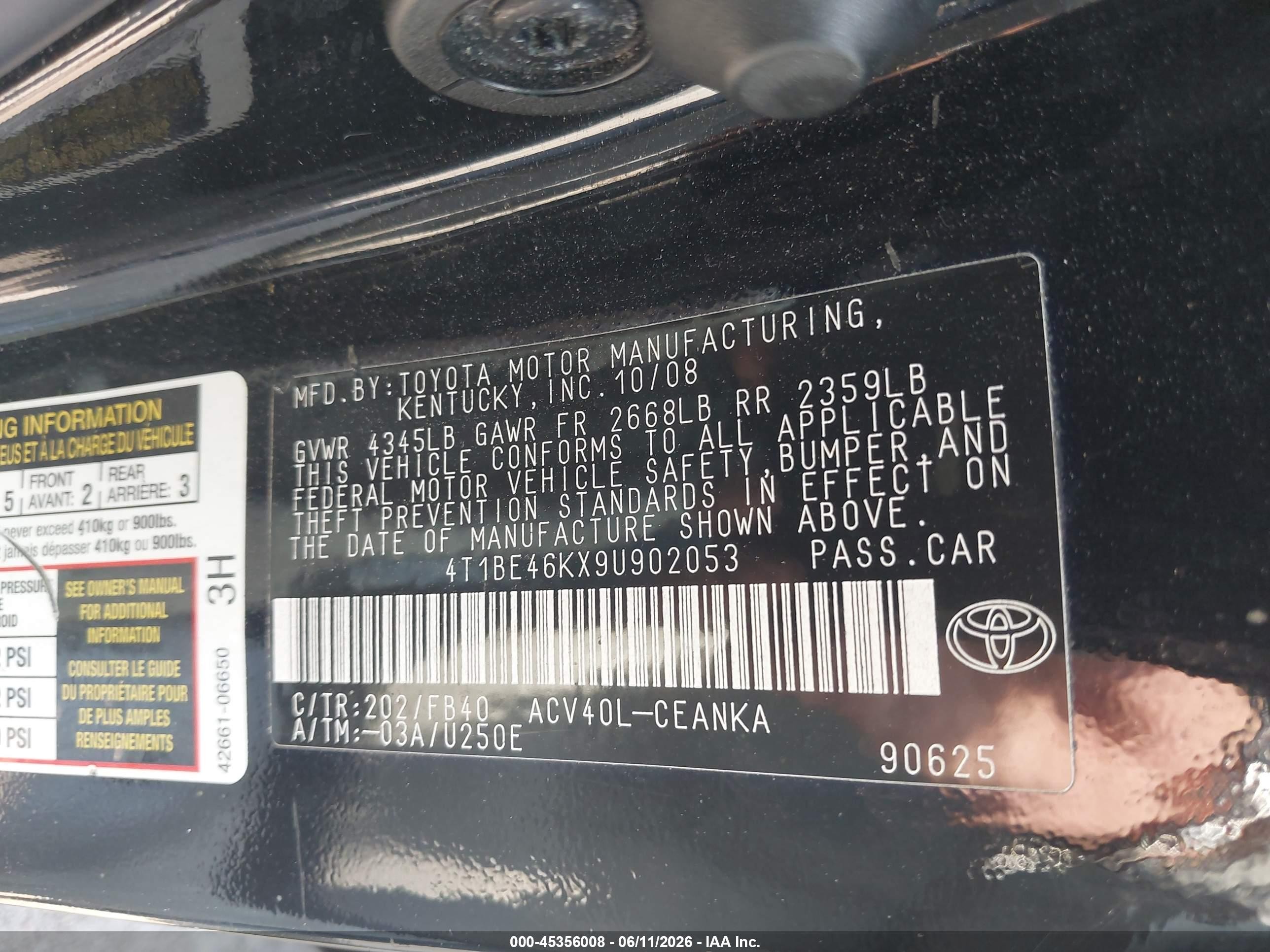 2009 Toyota Camry Le Black vin: 4T1BE46KX9U902053