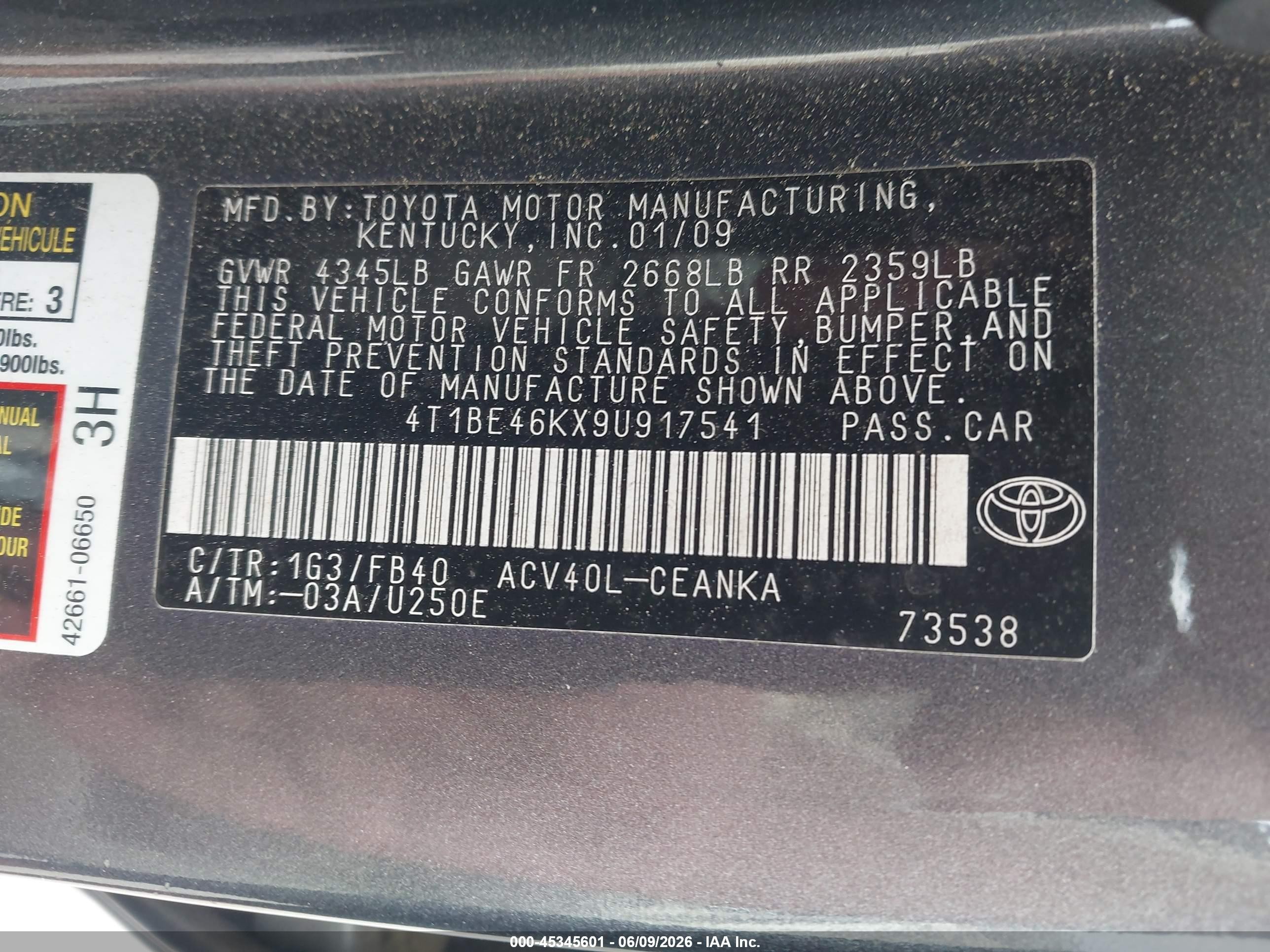 2009 Toyota Camry Le Серый vin: 4T1BE46KX9U917541