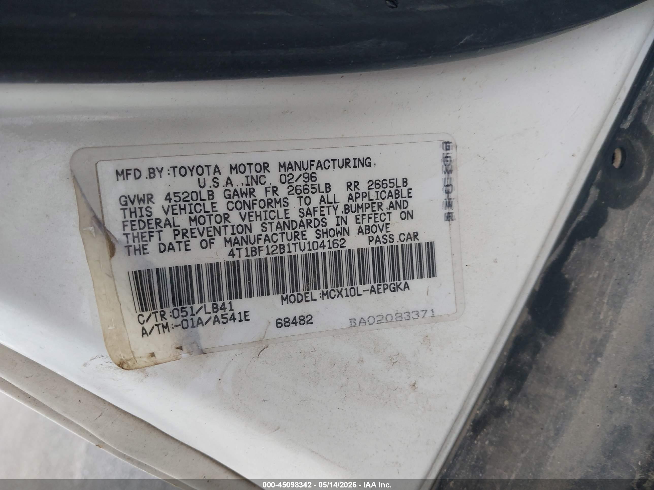 1996 Toyota Avalon Xl/xls Белый vin: 4T1BF12B1TU104162