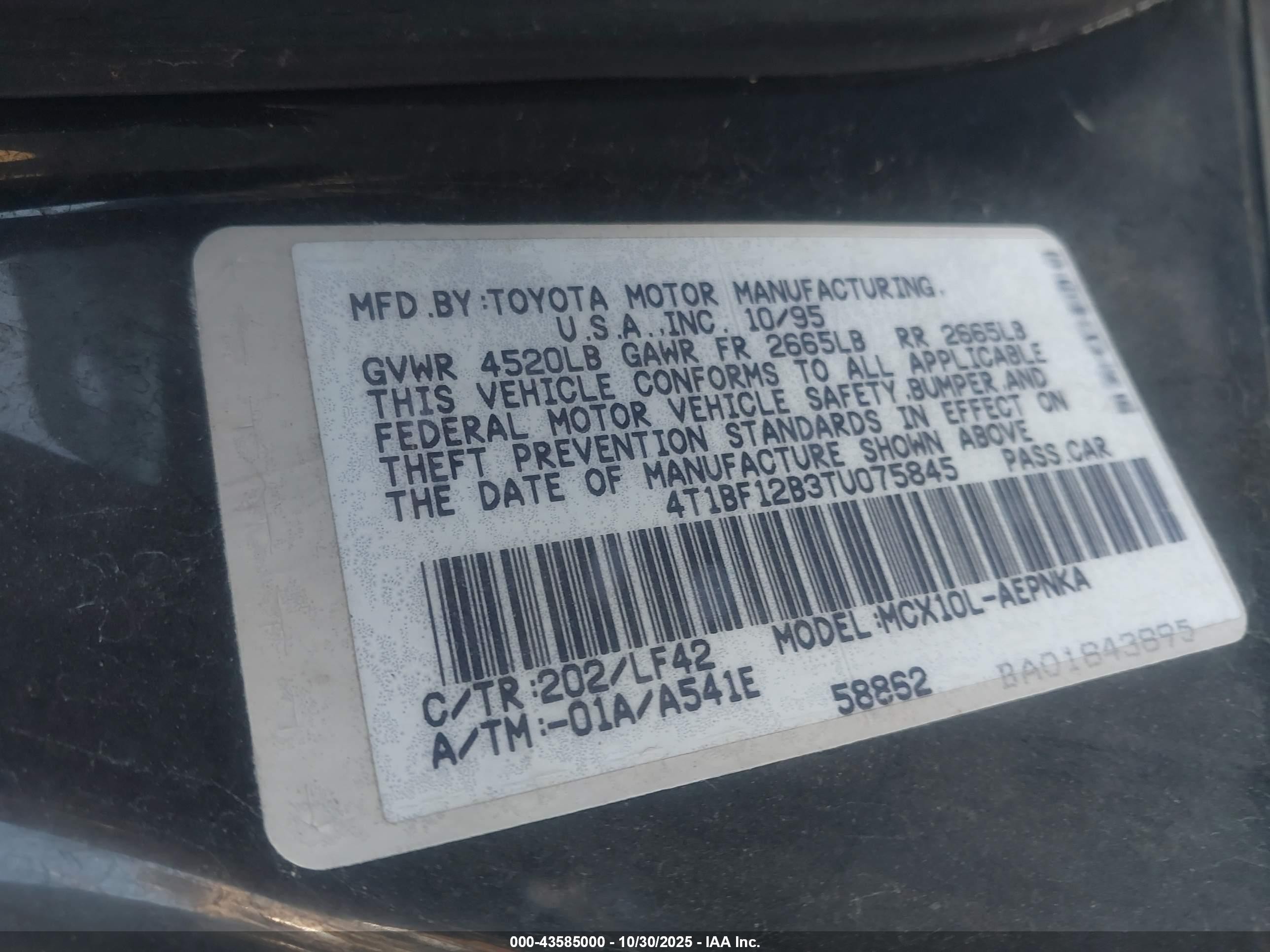 1996 Toyota Avalon Xl/xls Black vin: 4T1BF12B3TU075845