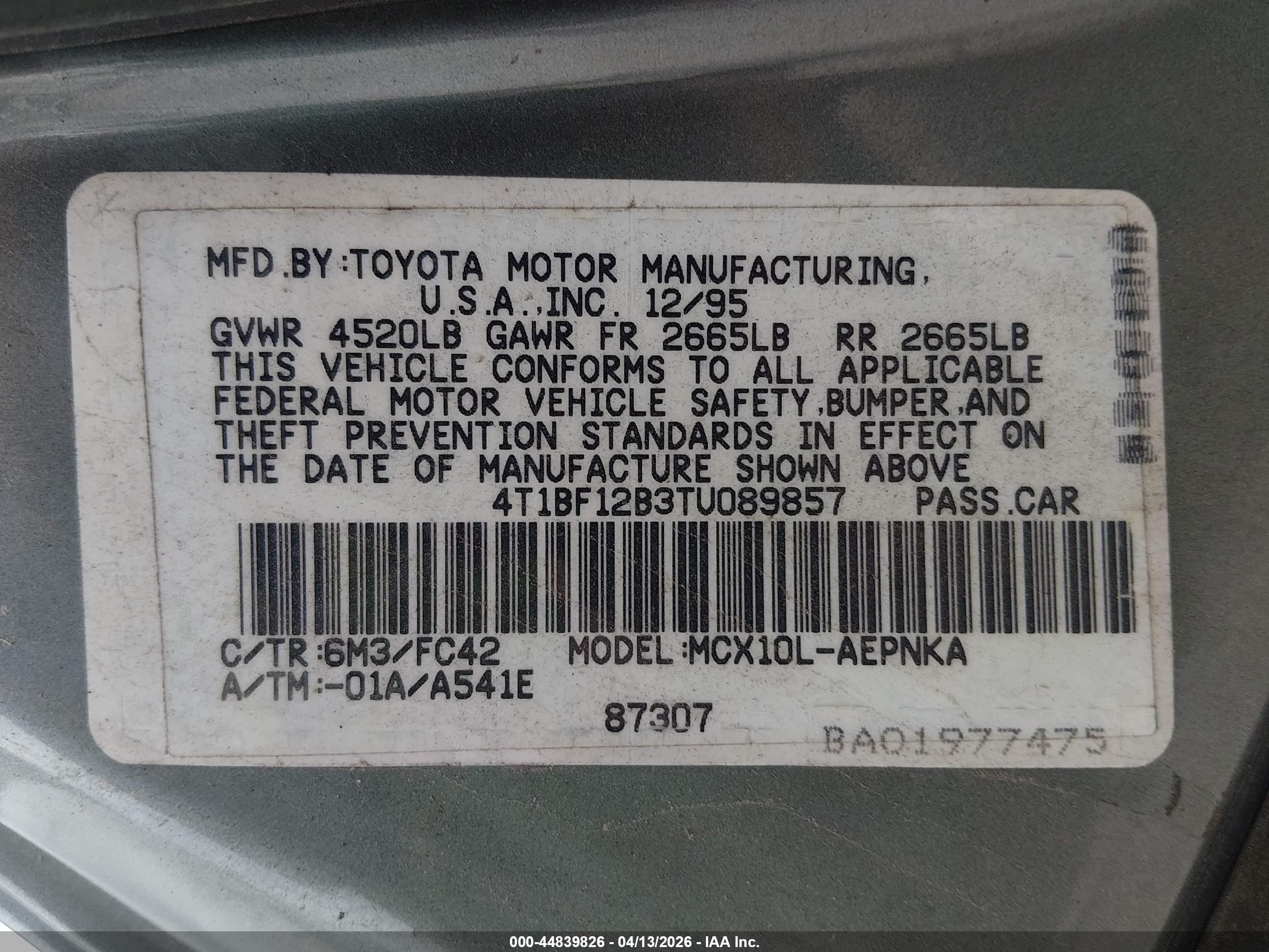 1996 Toyota Avalon Xl/xls Серый vin: 4T1BF12B3TU089857