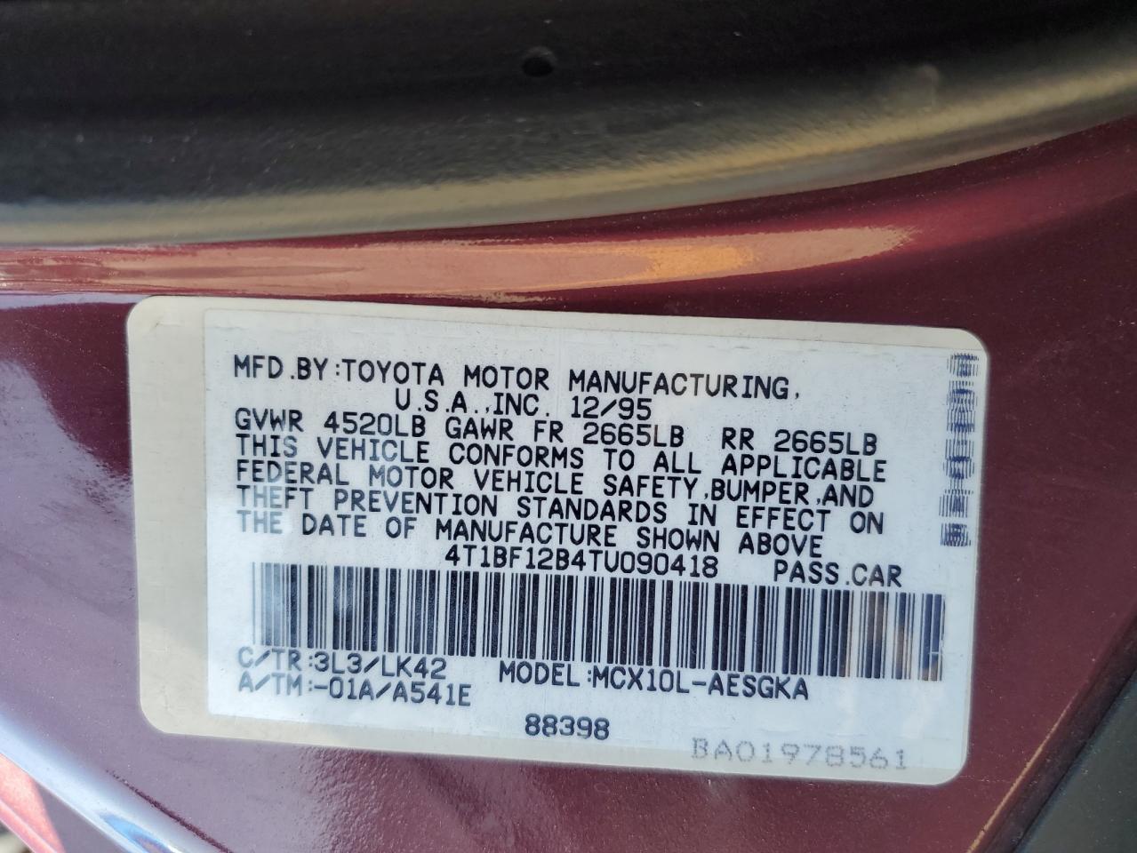 1996 Toyota Avalon Xl Burgundy vin: 4T1BF12B4TU090418