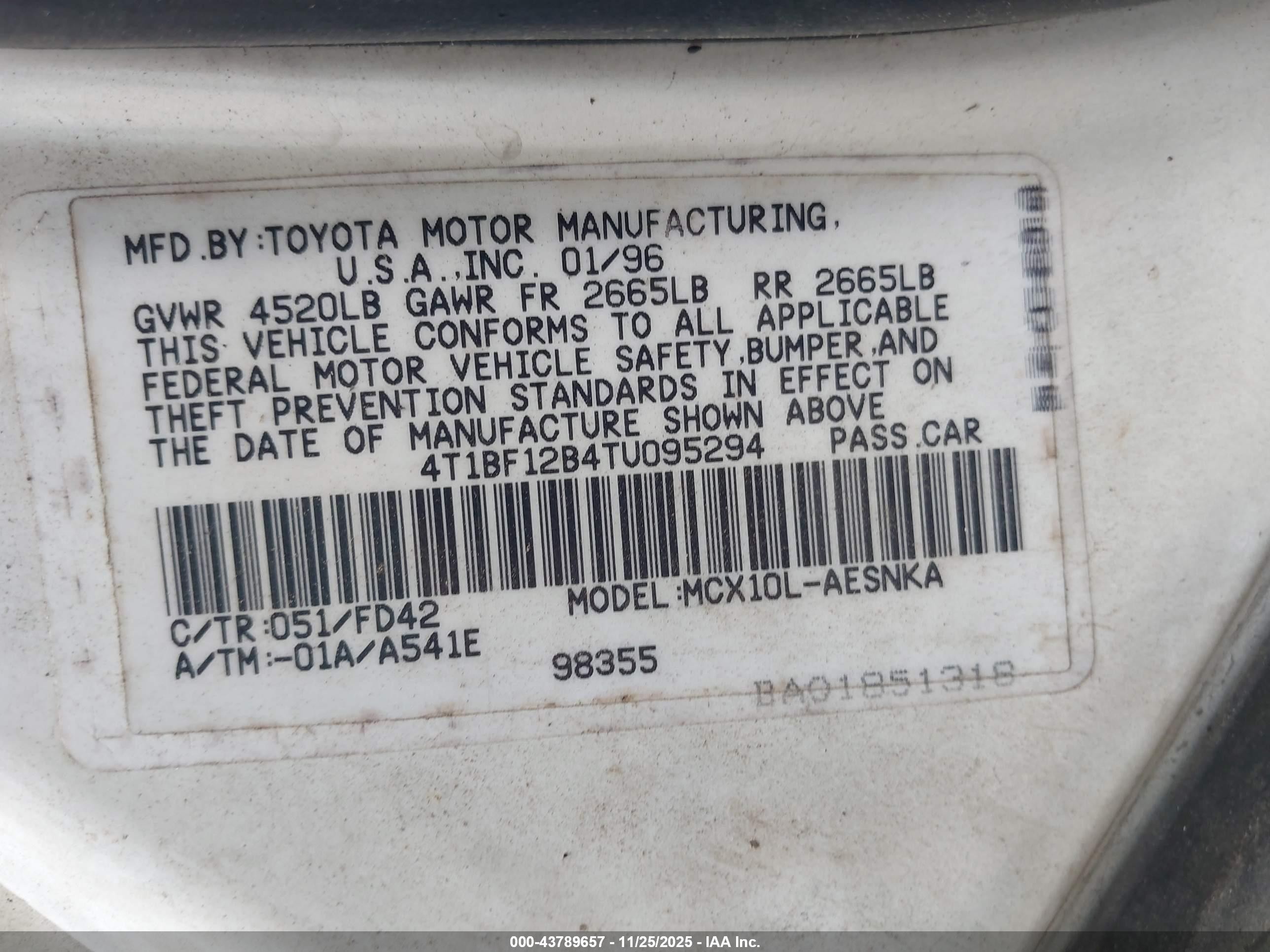 1996 Toyota Avalon Xl/xls White vin: 4T1BF12B4TU095294