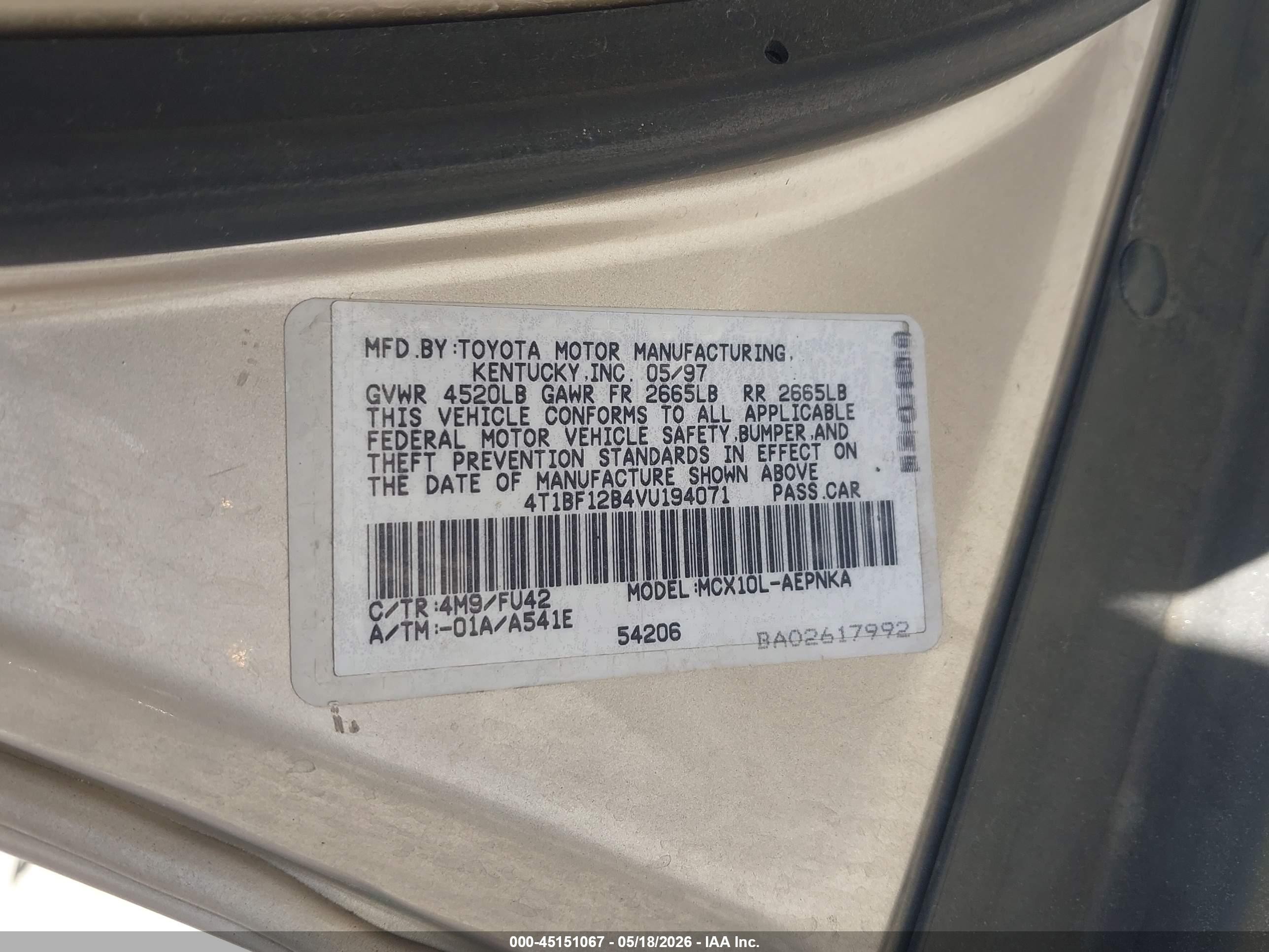 1997 Toyota Avalon Xl Champagne vin: 4T1BF12B4VU194071