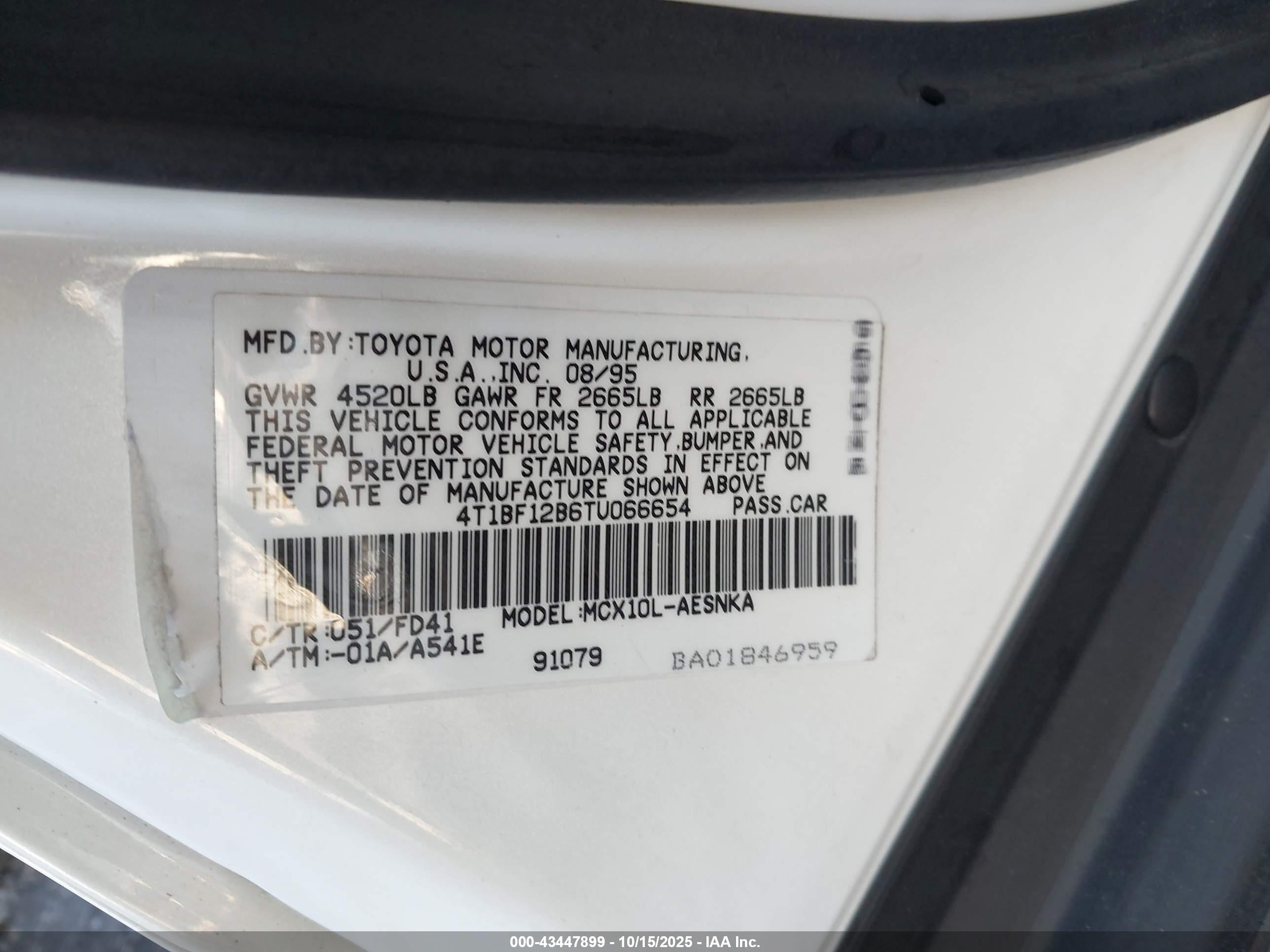 1996 Toyota Avalon Xl/xls White vin: 4T1BF12B6TU066654
