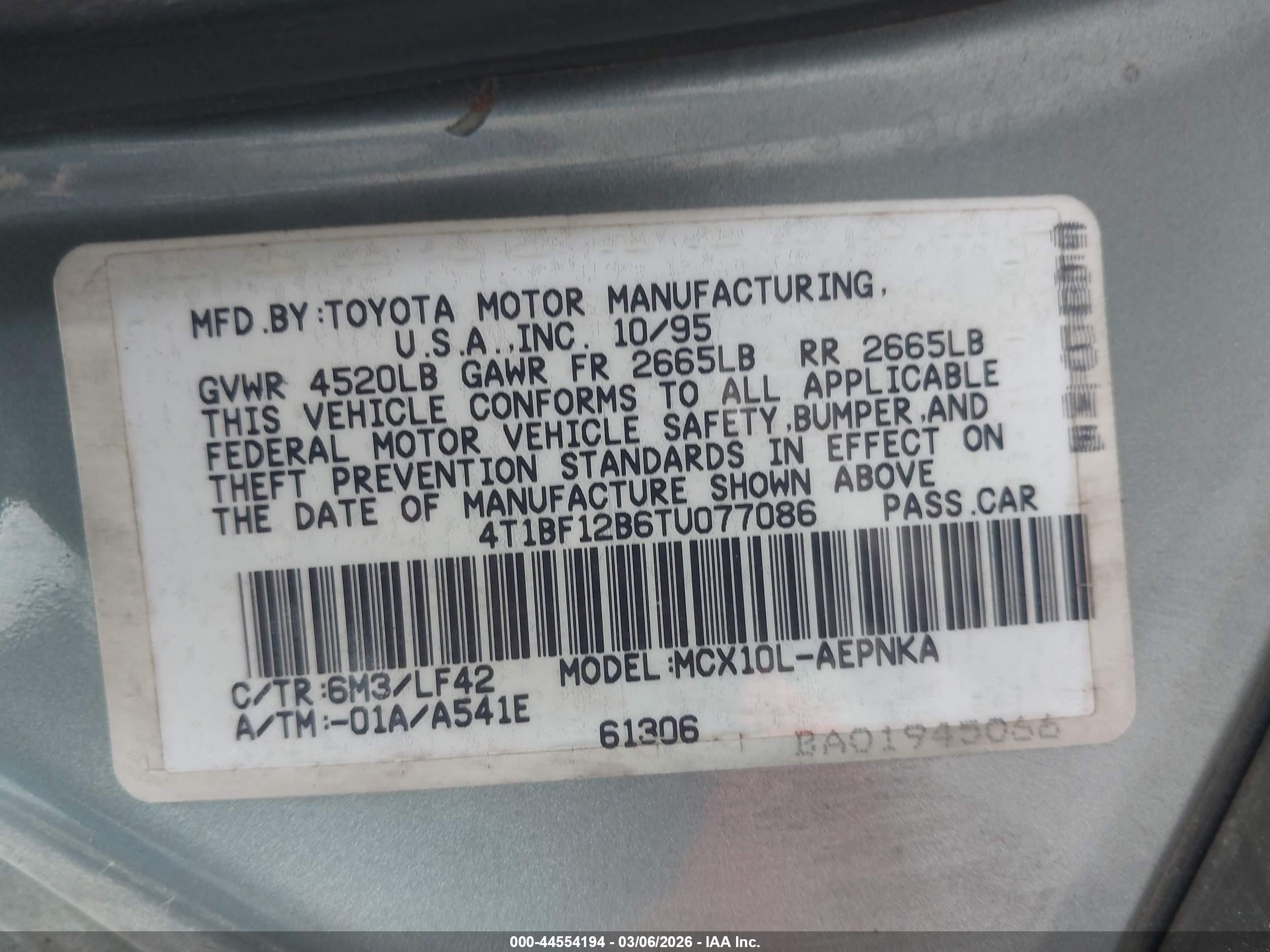 1996 Toyota Avalon Xl/xls Light Blue vin: 4T1BF12B6TU077086