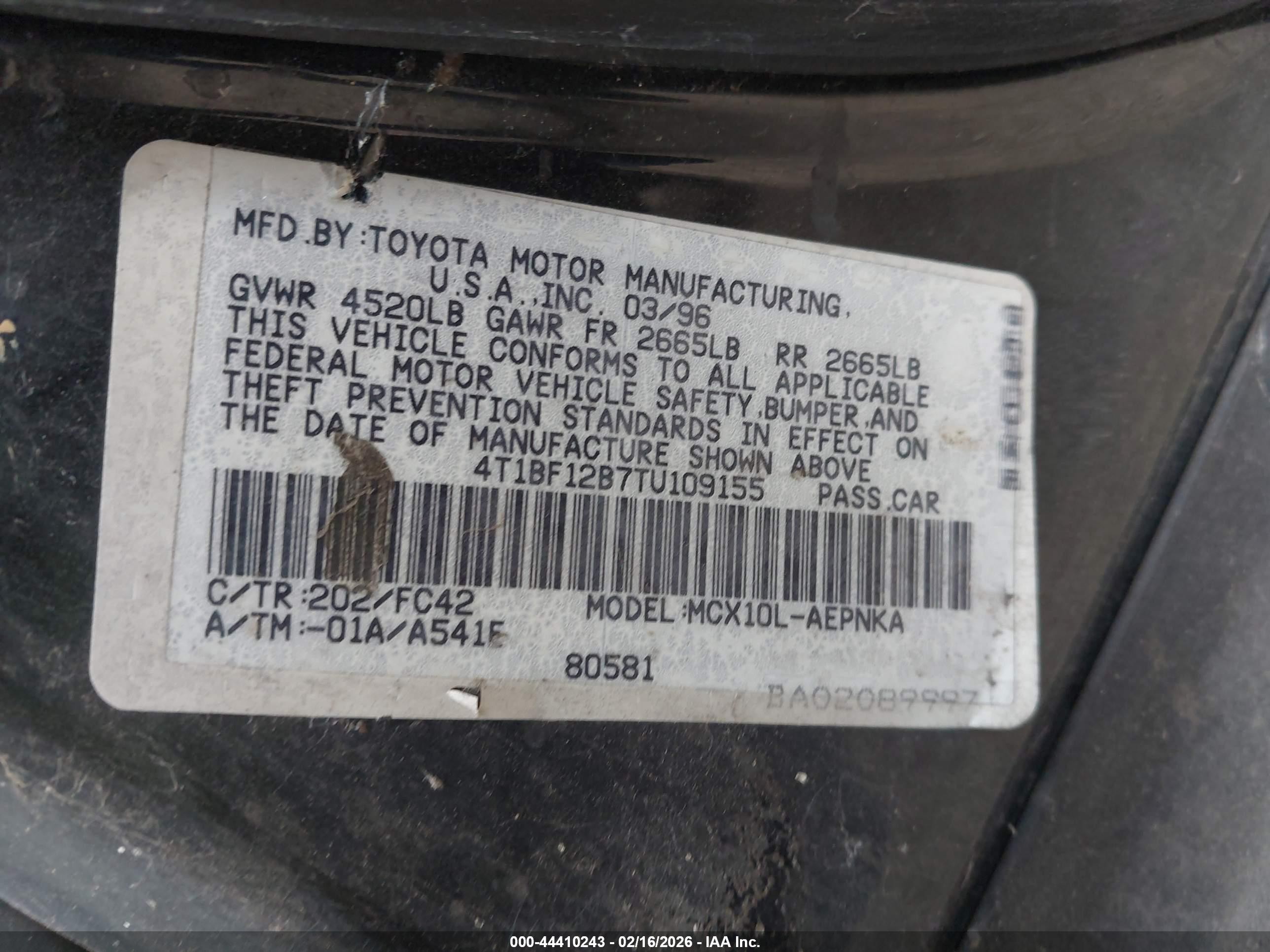 1996 Toyota Avalon Xl/xls Black vin: 4T1BF12B7TU109155