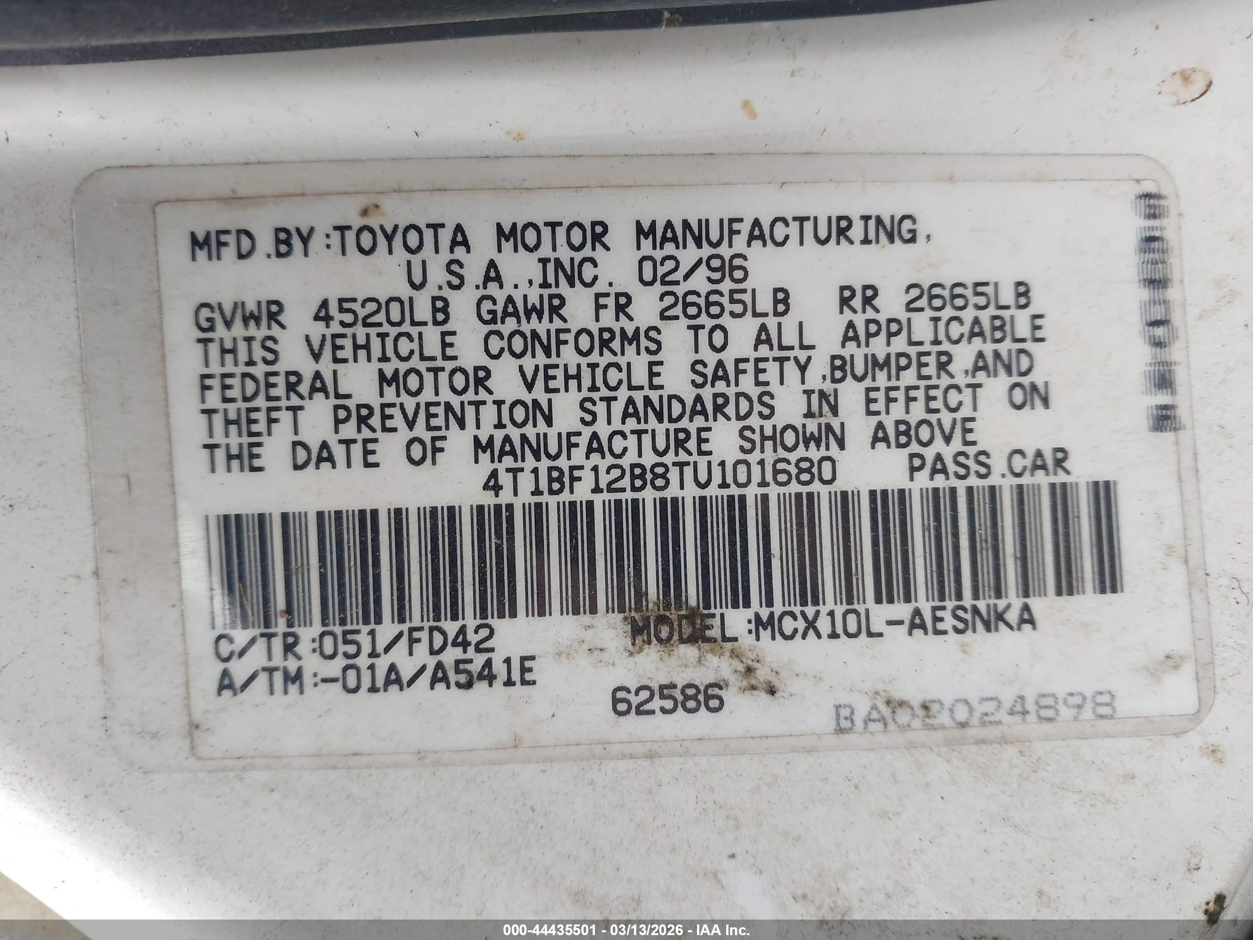 1996 Toyota Avalon Xl/xls White vin: 4T1BF12B8TU101680