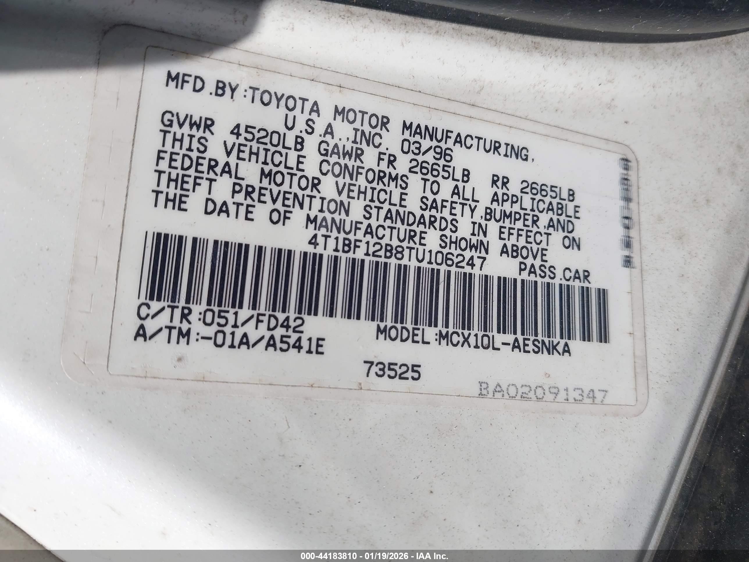 1996 Toyota Avalon Xl/xls White vin: 4T1BF12B8TU106247