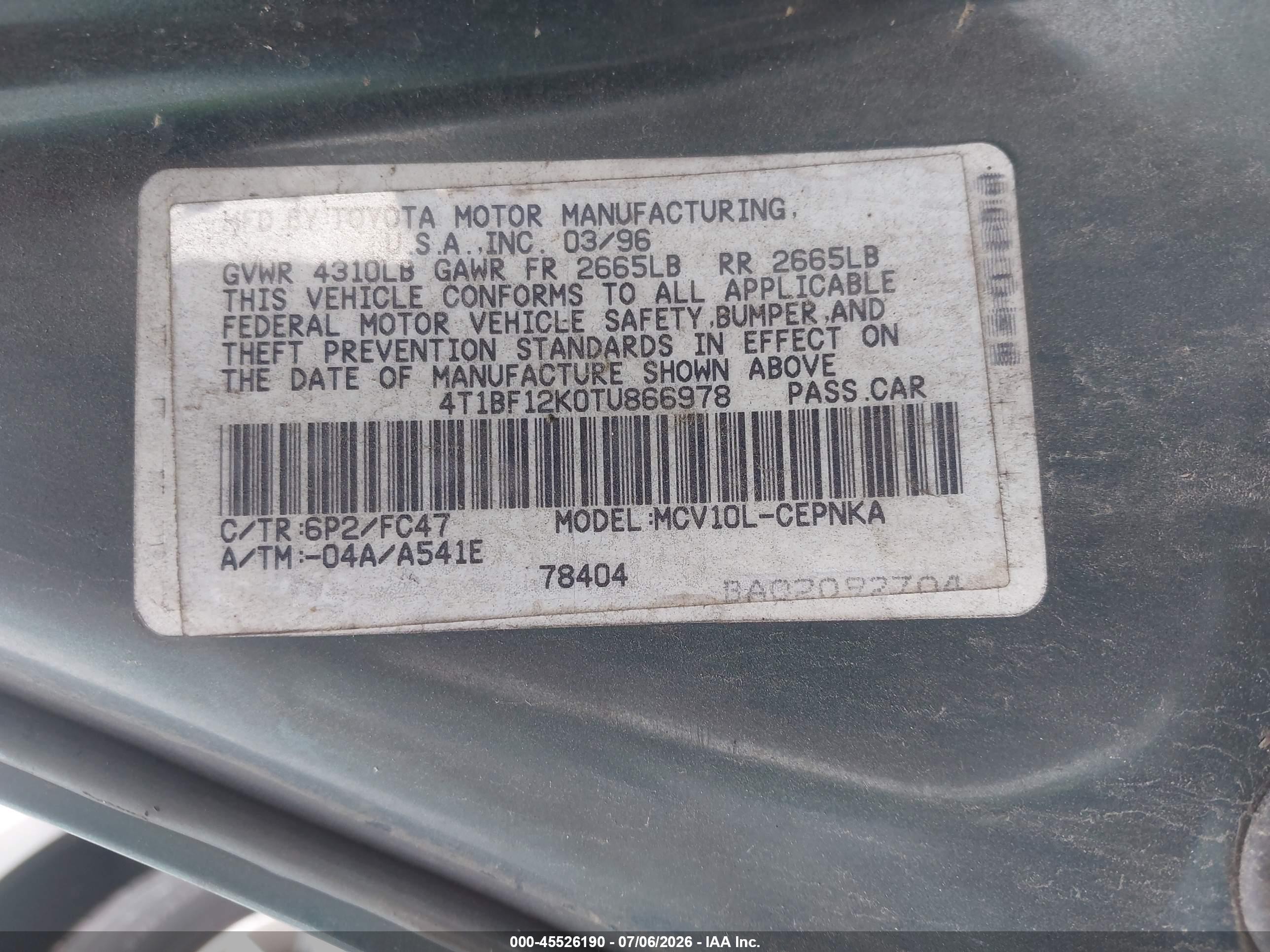 1996 Toyota Camry Le/xle/se Green vin: 4T1BF12K0TU866978