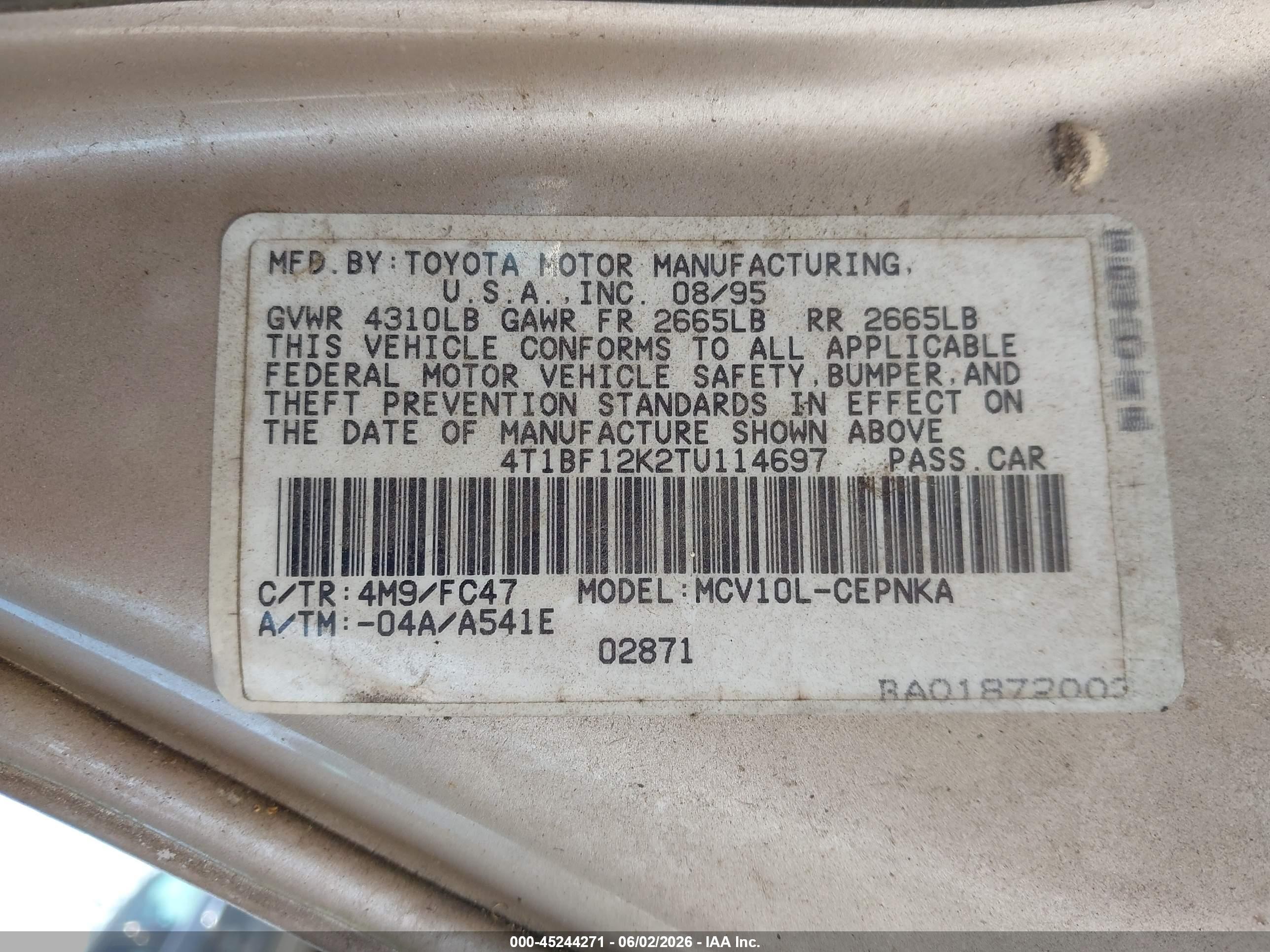 1996 Toyota Camry Le/xle/se Gold vin: 4T1BF12K2TU114697