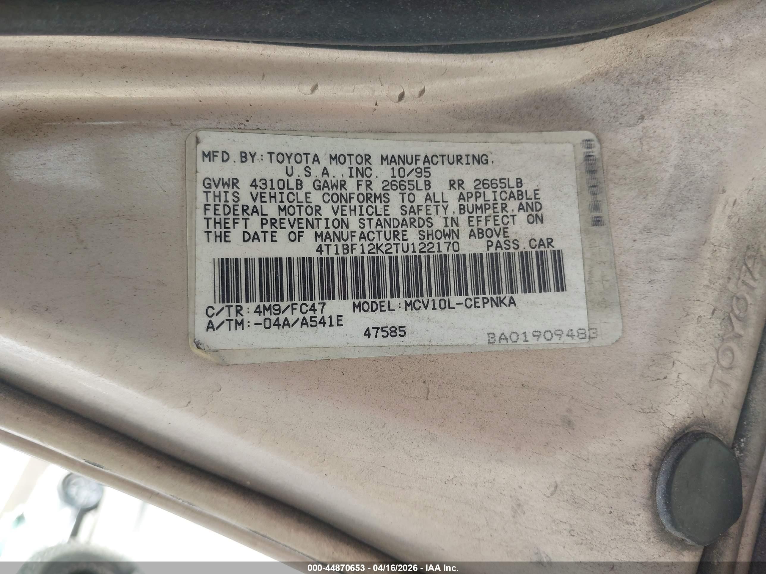 1996 Toyota Camry Le/xle/se Gold vin: 4T1BF12K2TU122170