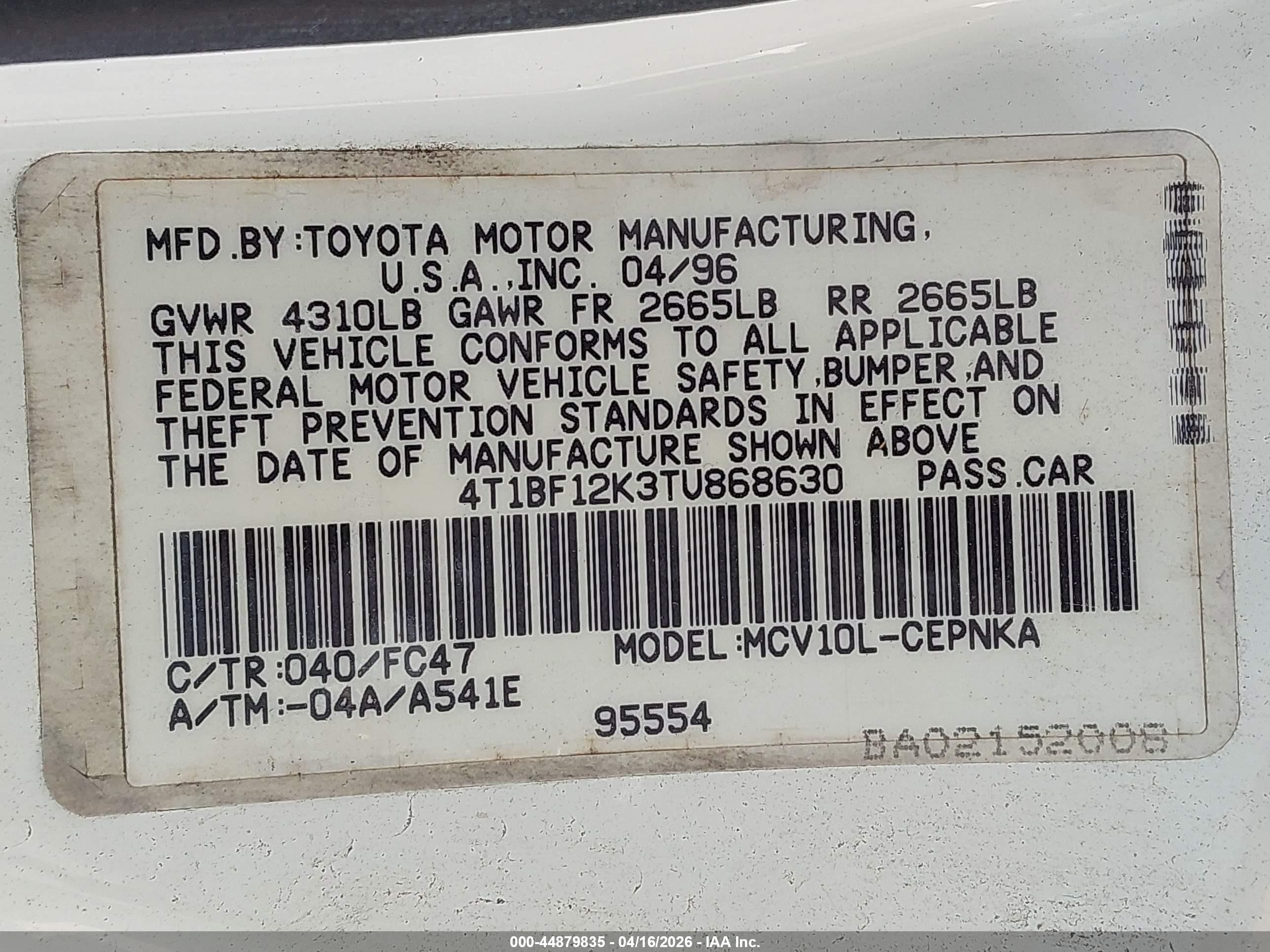 1996 Toyota Camry Le/xle/se White vin: 4T1BF12K3TU868630